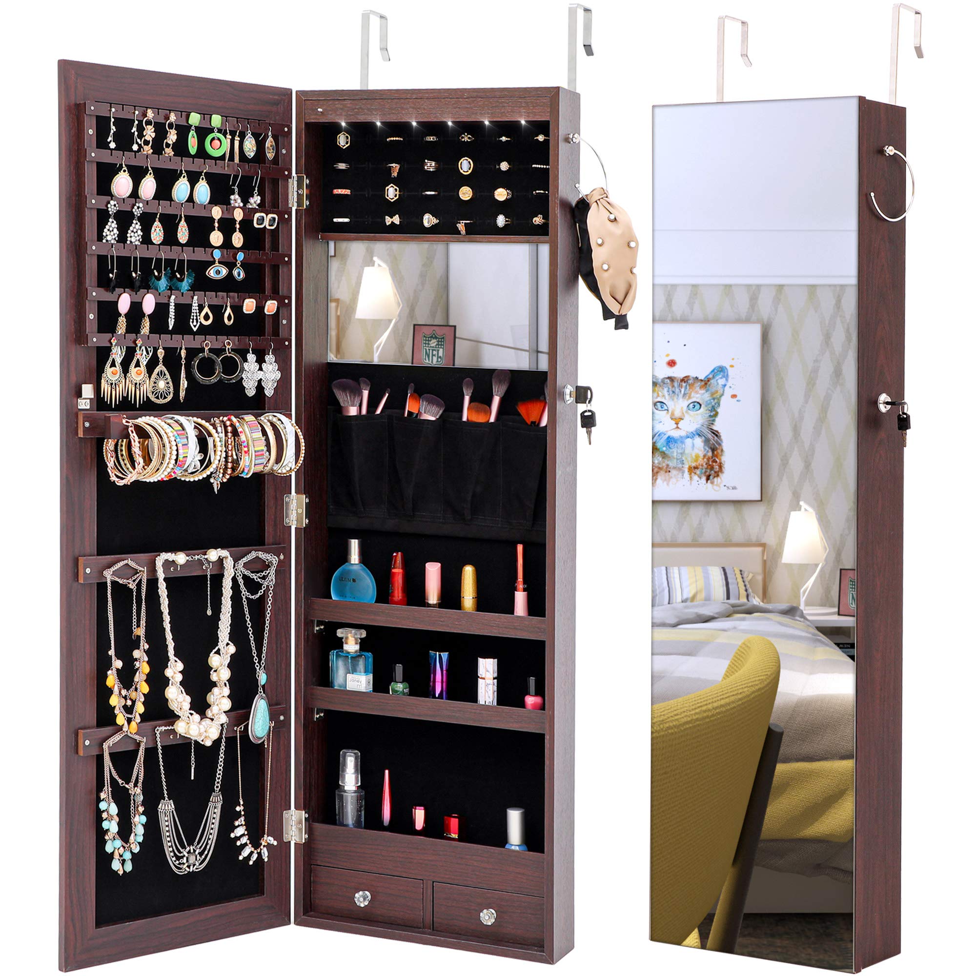 6 LED Jewelry Armoire Organizer - Wall/Door Mounted Full Length Mirror Jewelry Cabinet with Built-in Lights, Fashion Jewelry Storage for Necklaces, Rings & Earrings - Perfect for Bedroom, Closet & Dressing Room Organization (Brown)