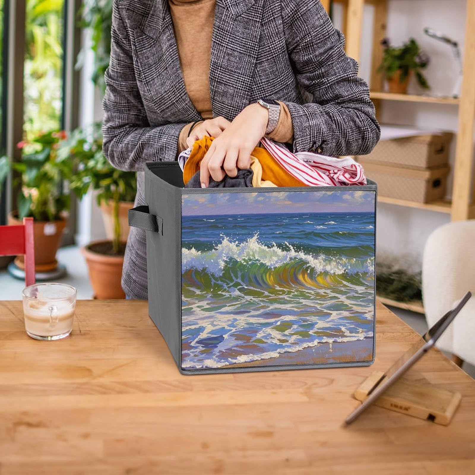 1PCS Foldable Storage Bins with Handle - Large Capacity Waves of The Sea Printed Storage Boxes for Playroom, Office & Home Organization | Perfect for Toys, Books & Clutter Control