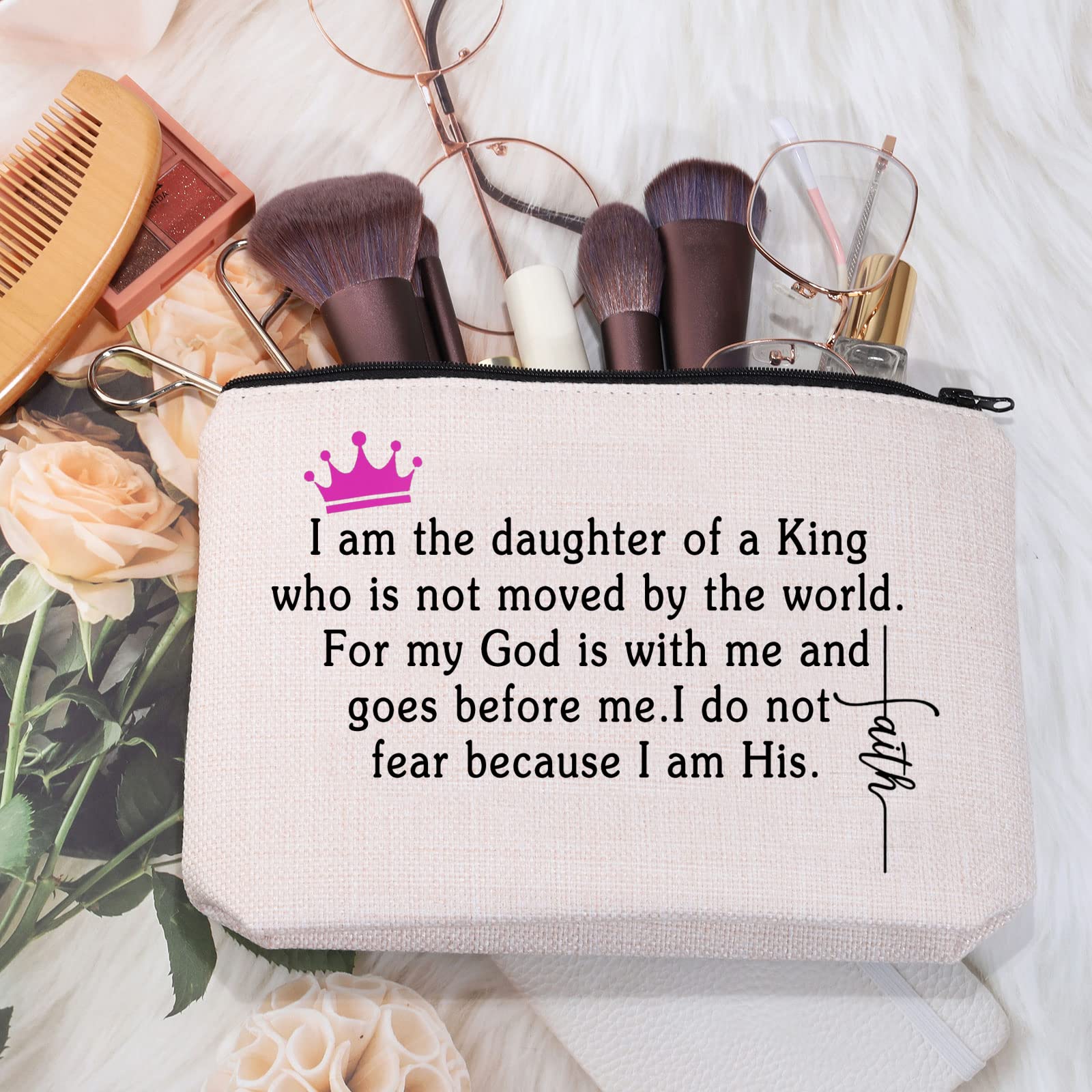 MEIKIUP Christian Travel Cosmetic Bag - Baptism Gift for Women, Religious Inspirational Makeup Pouch 'I Am The Daughter of A King' - Perfect for Church, Bible Study & Travel Accessories (Daughter of King Bag)