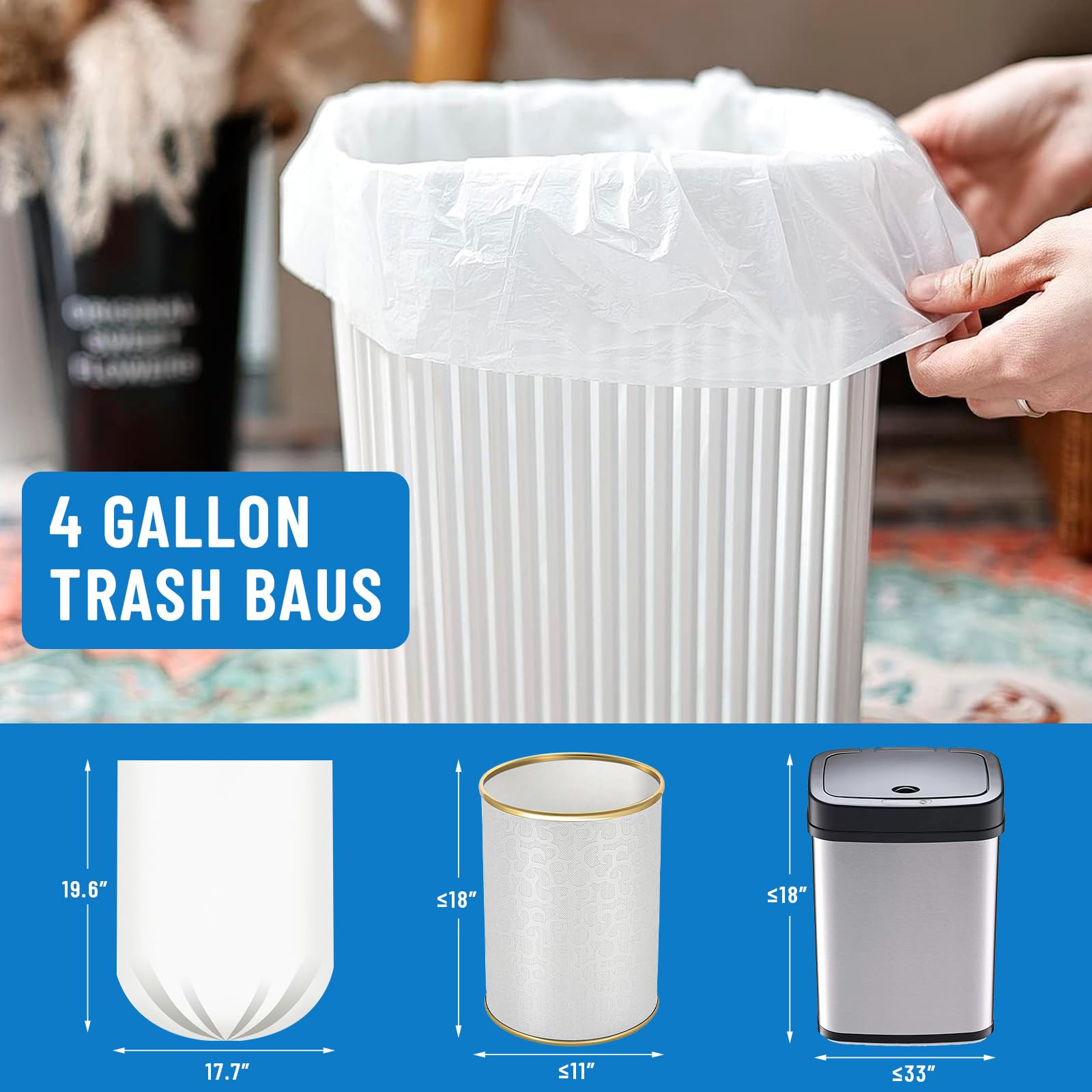 4 Gallon Small Trash Bags - 100 Count Unscented Mini Garbage Bags for Bathroom, Office, Bedroom & Car - White Small Trash Can Liners for Waste Bins & Small Spaces