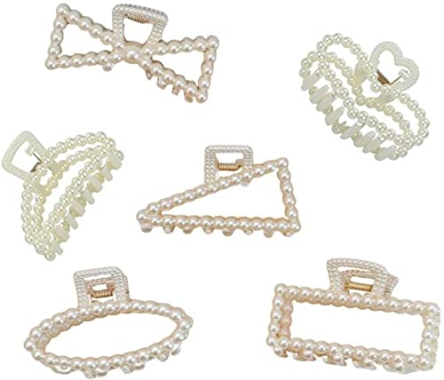 DENICRAAS 6PCS Pearl Hair Claw Clips for Women - Elegant Hair Accessories for Girls, Cute Hair Clips for Ponytail, Bun & Updo Hairstyles (Random Designs, White)