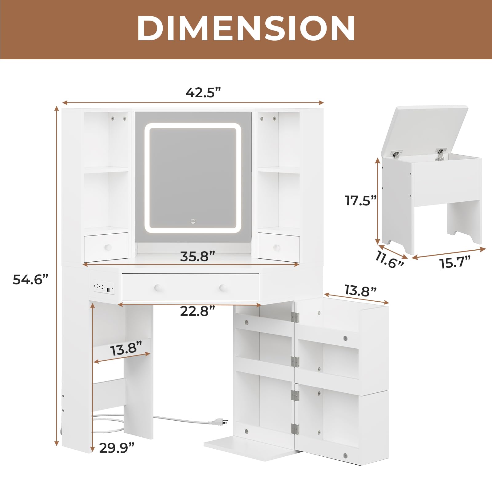 Modern White L-Shaped Vanity Desk with Mirror Lights & Storage - 3 Light Settings for Women & Girls - Perfect for Bedroom & Dressing Room