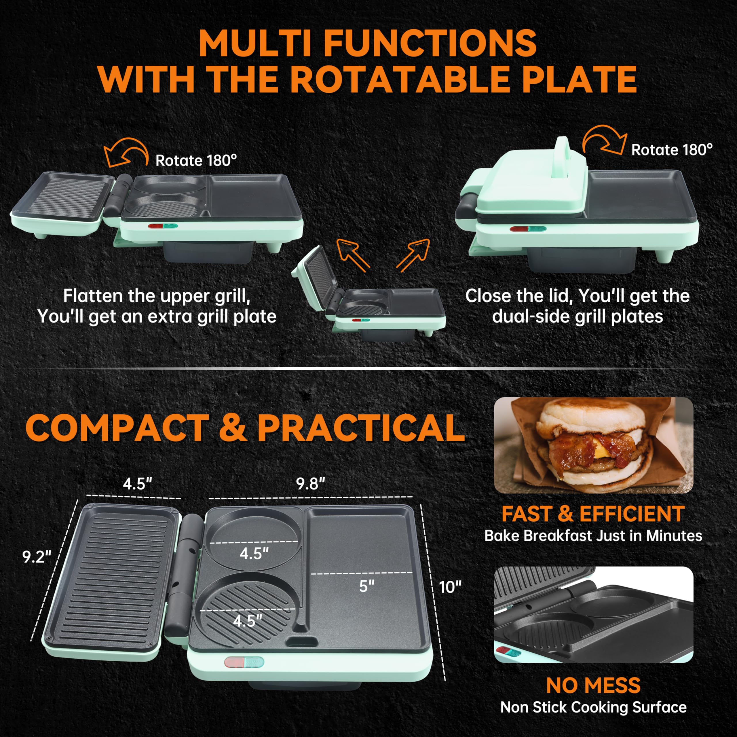 Baker's Friend 3-in-1 Electric Breakfast Sandwich Maker & Griddle - Nonstick Surface for Egg Muffins, Burgers, Hot Dogs & Pancakes - Includes Burger Press, Tongs & Cleaning Brush - Perfect for Quick Breakfasts, Brunch Parties & Camping Meals
