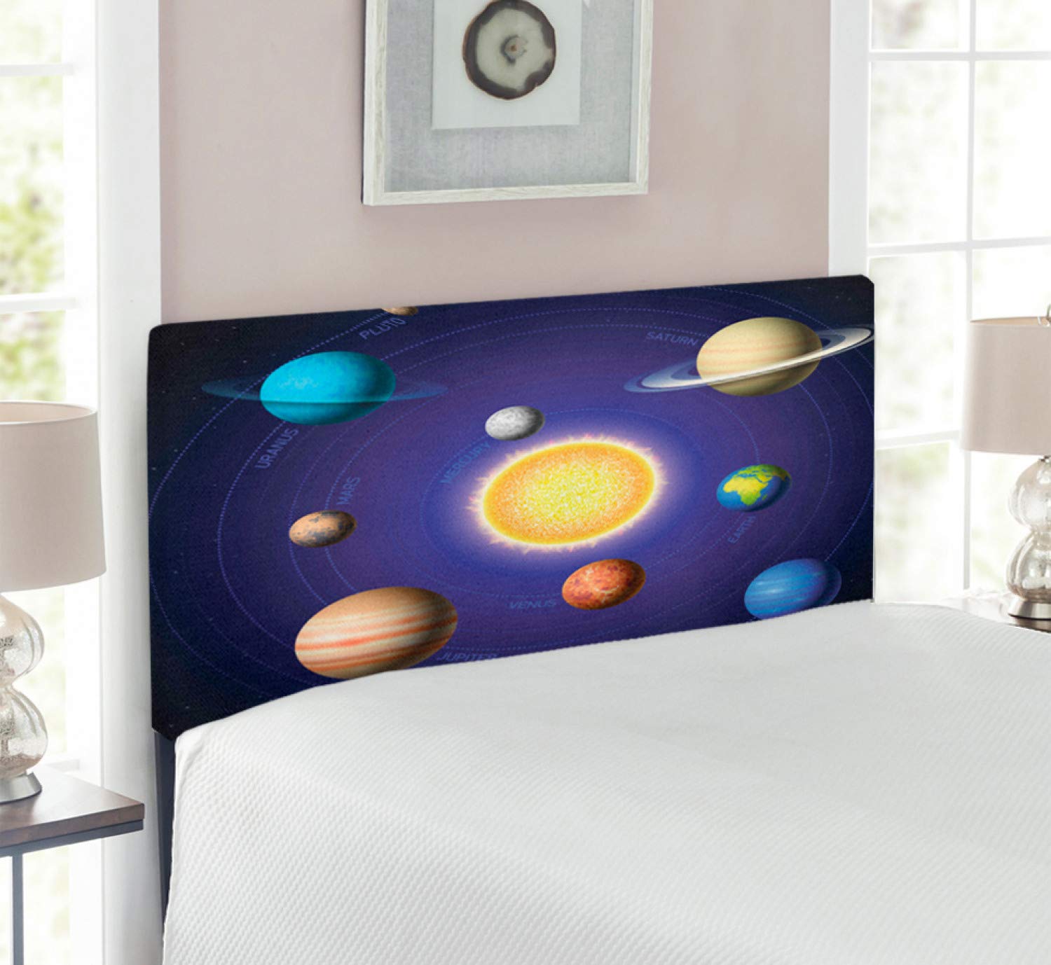 Ambesonne Space Headboard - Solar System Galaxy Design with Planets & Sun | Twin Size Upholstered Metal Bed Headboard with Memory Foam | Multicolor Science-Themed Room Decor for Kids & Teens Bedroom