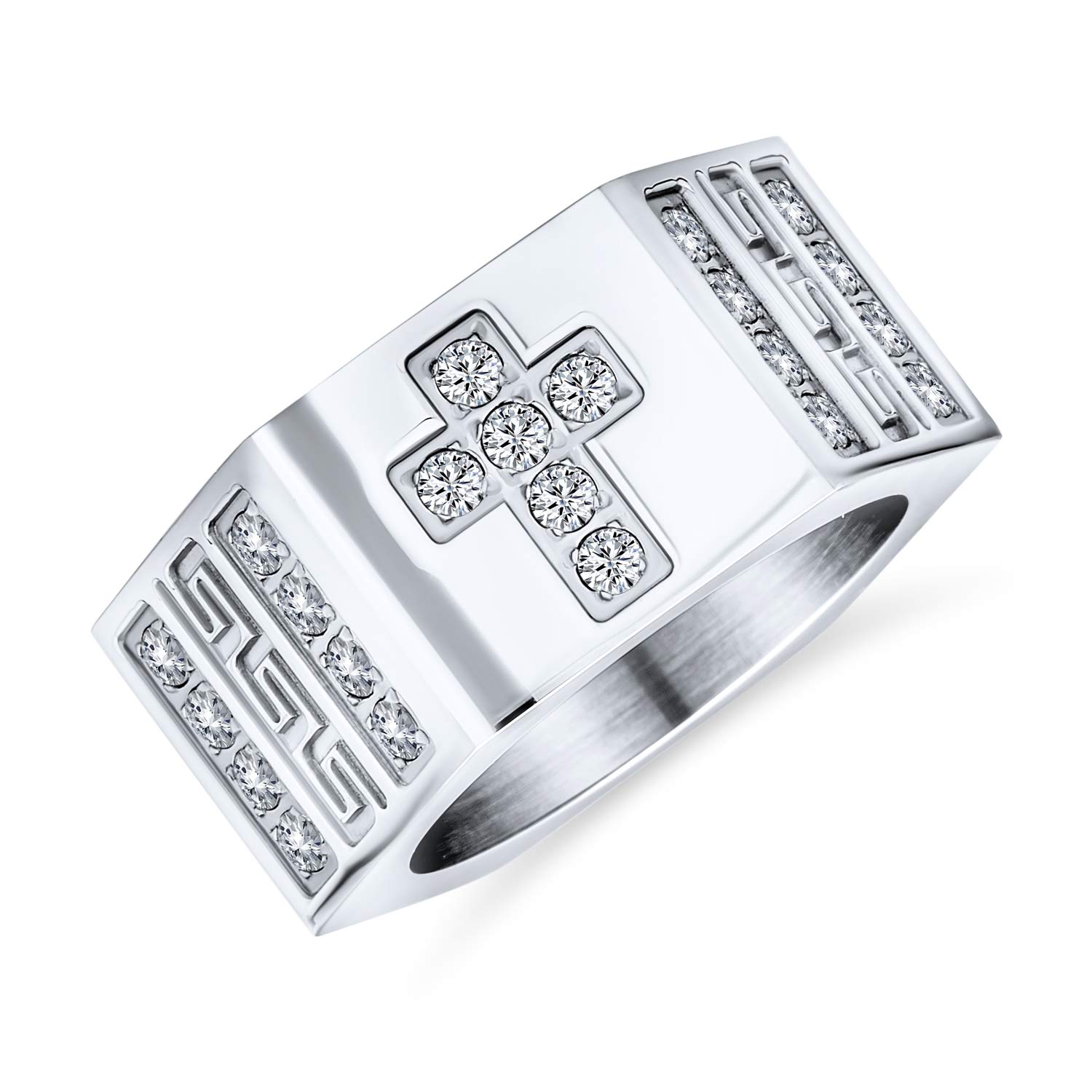 Personalized Greek Key Geometric Pave CZ Accent Men's Signet Ring - .925 Sterling Silver or Stainless Steel Cubic Zirconia Statement Band for Gifts & Special Occasions
