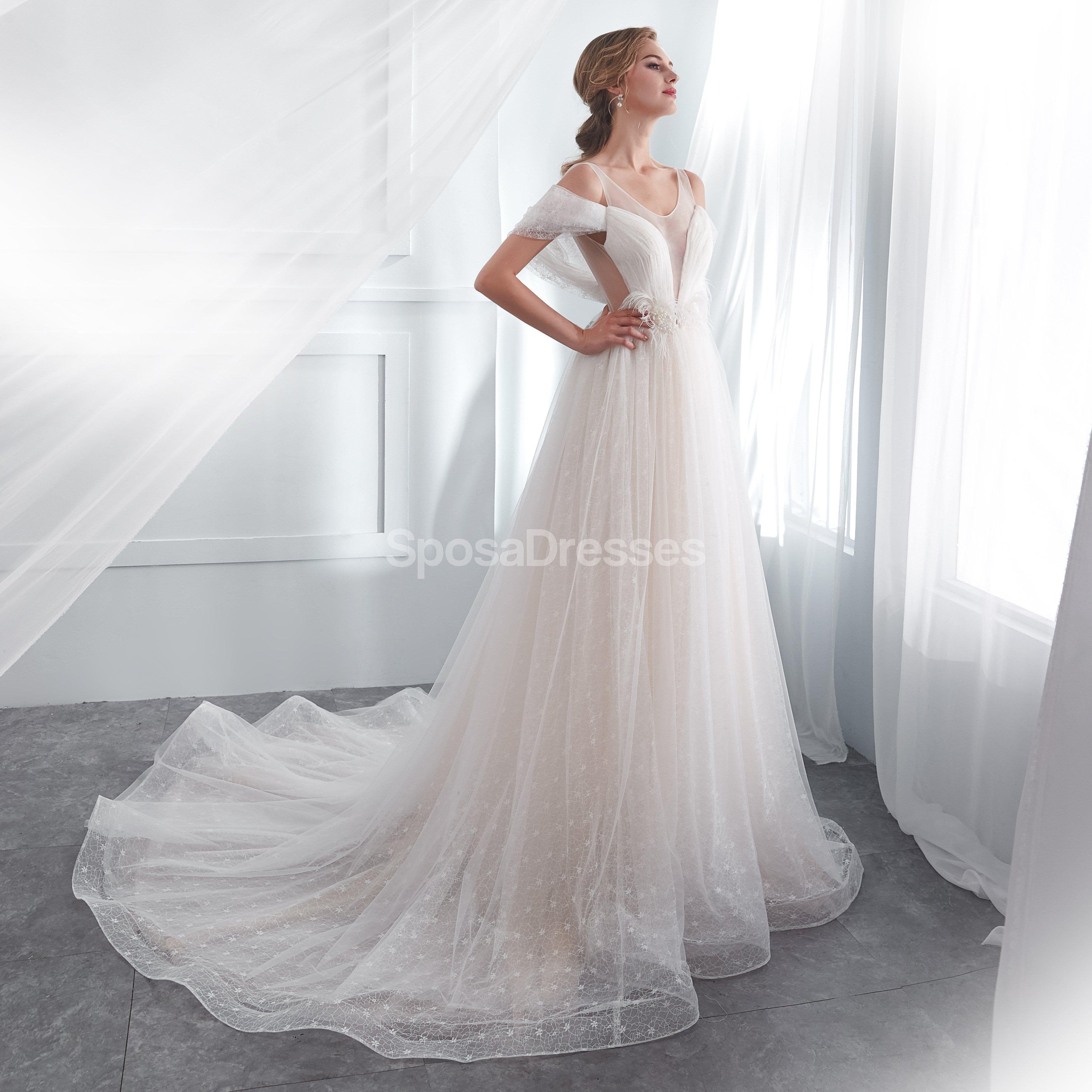 Off Shoulder Simple A-Line Scoop Neck Wedding Dress - Elegant Bridal Gown WD573 for Beach, Garden & Outdoor Ceremonies