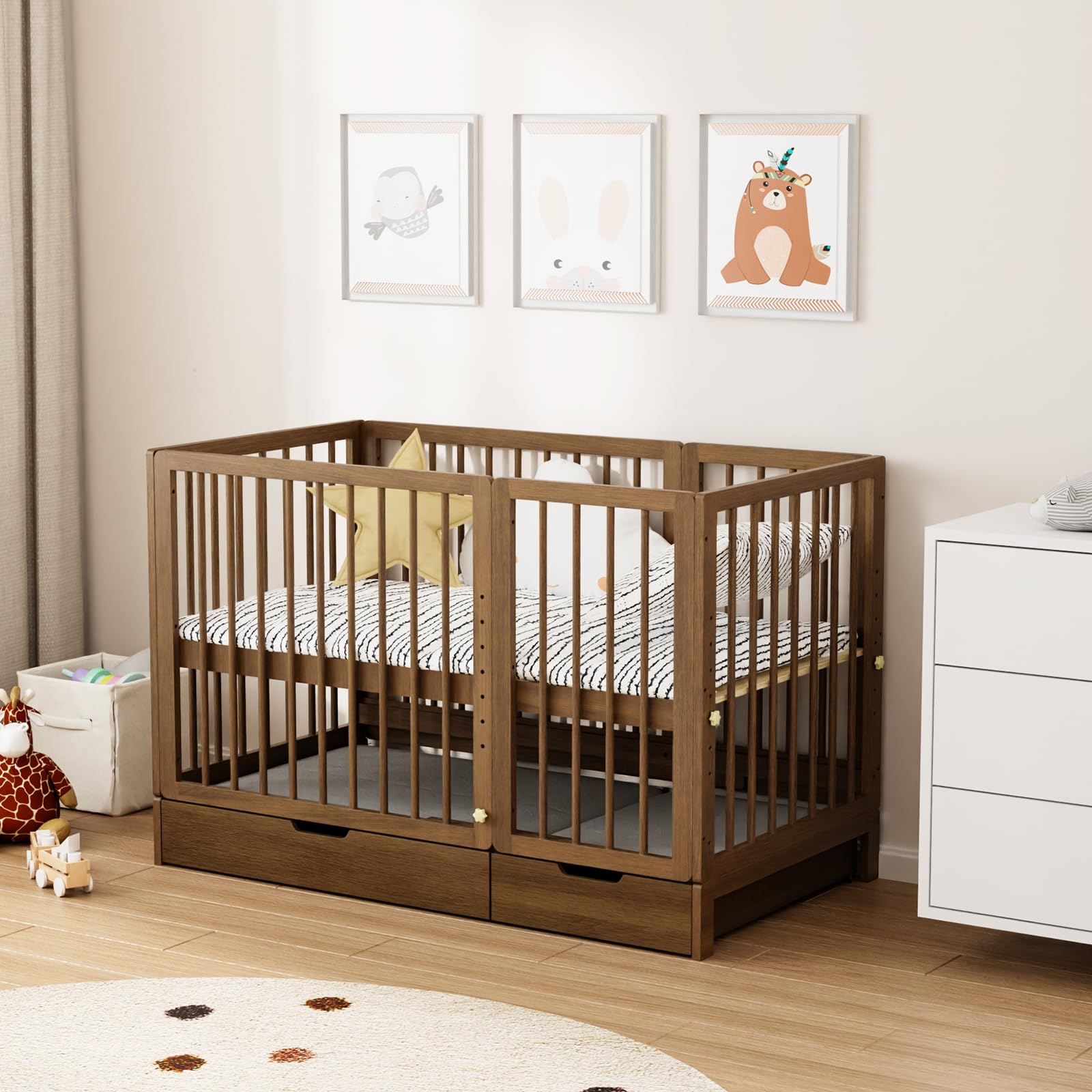 JOYMOR 8-in-1 Convertible Baby Crib with Storage Drawer - Includes 2