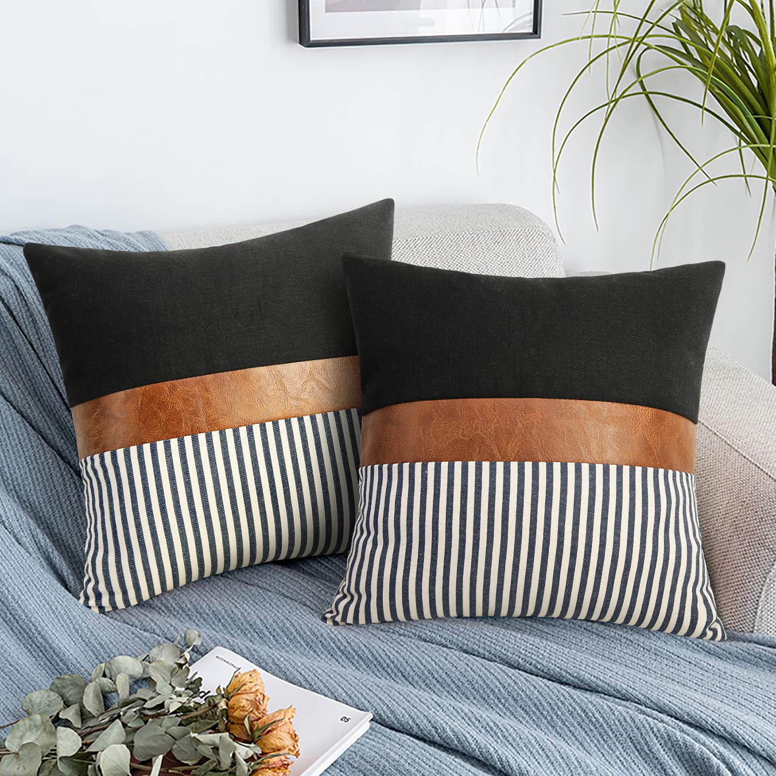 Premium 22x22 Inch Linen Pillow Covers Set of 2 - Farmhouse Stripe Patchwork Design with Faux Leather Accents - Navy Blue Decorative Throw Pillow Covers for Sofa, Couch & Bed - Perfect for Living Room, Bedroom & Home Decor