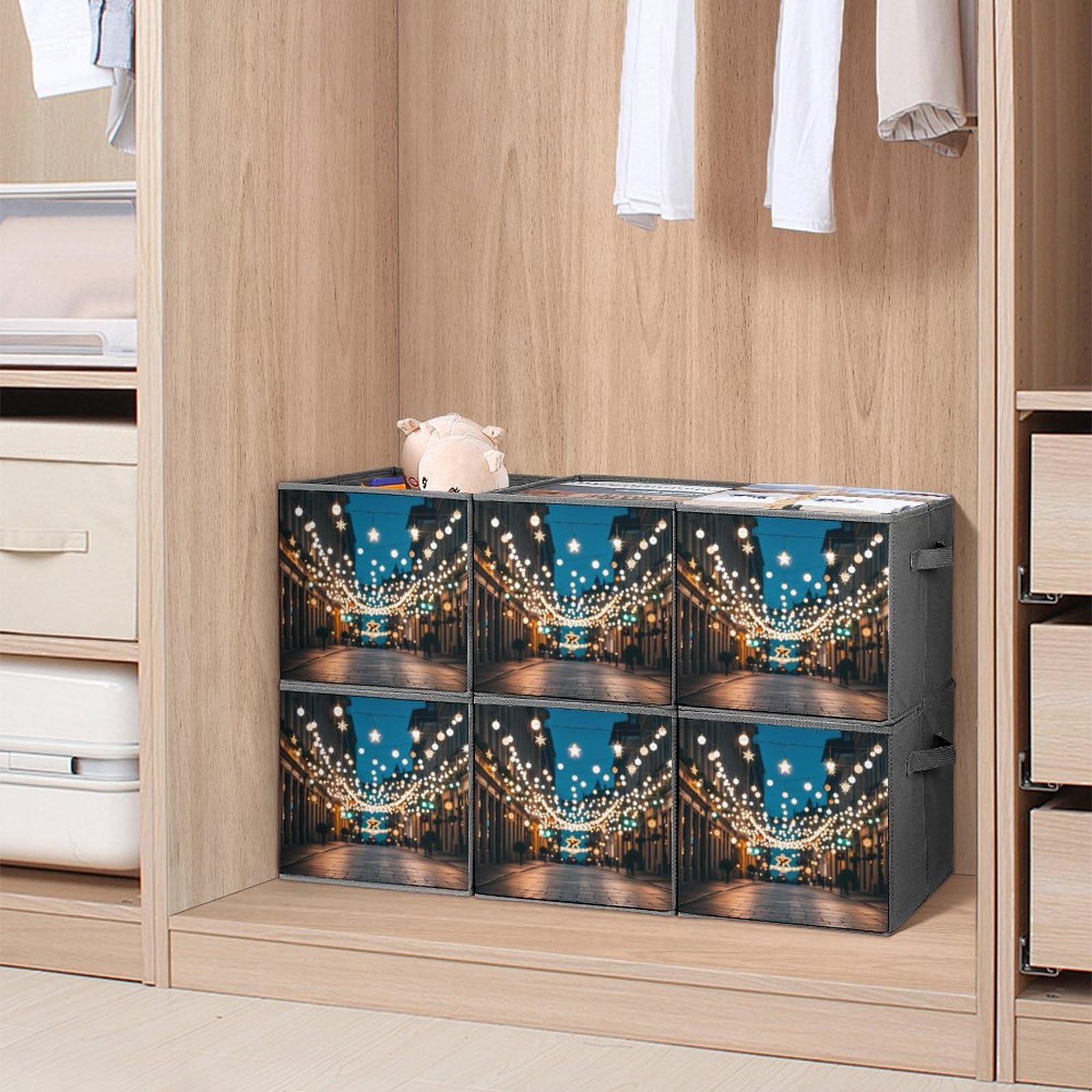 6-Pack Foldable Storage Bins with Handles - Christmas Lights Star Print Large Capacity Storage Boxes for Playroom, Office & Home Organization | Perfect for Holiday Decor Storage, Toy Organization & Closet Space Saving