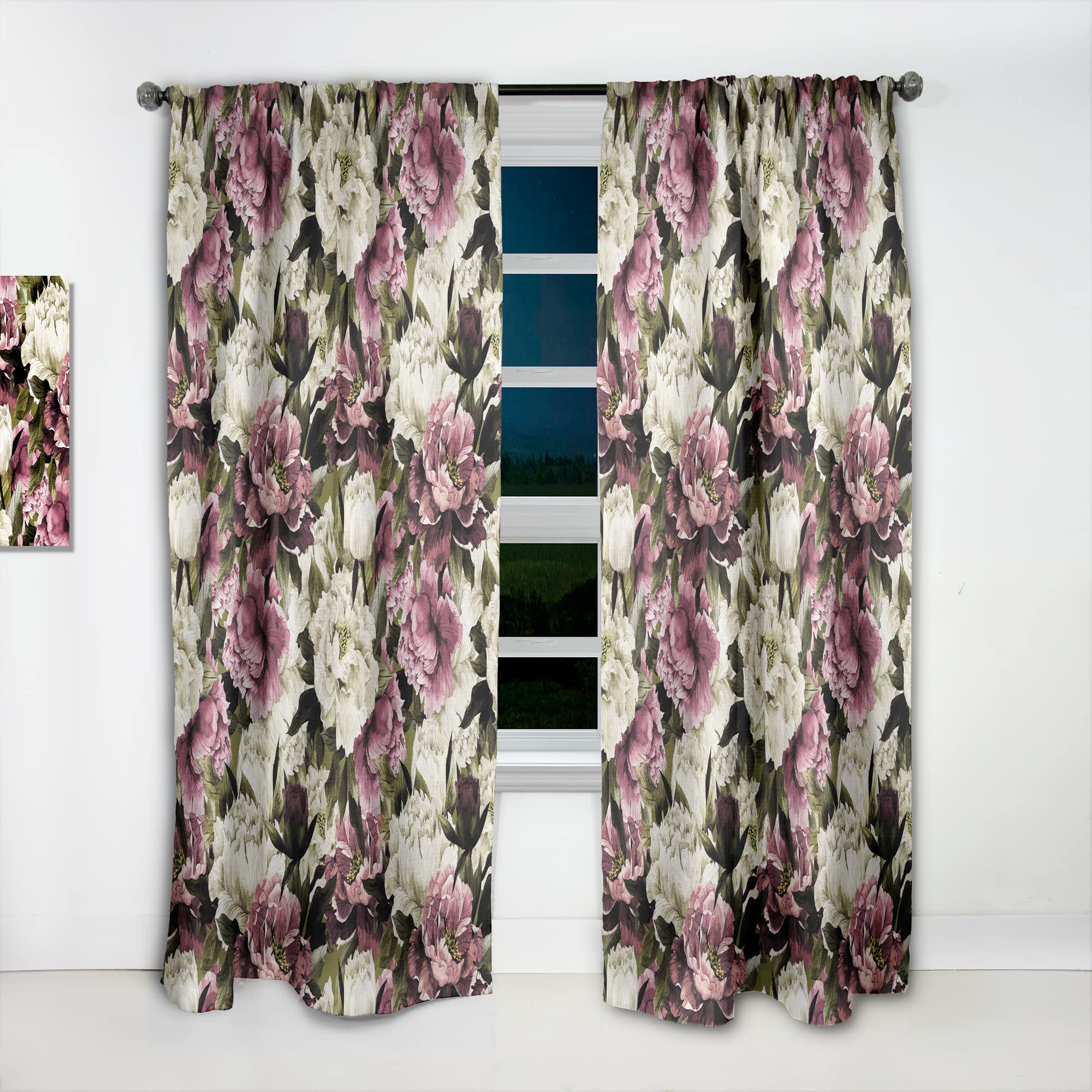 DesignQ Pink & White Peony Floral Curtains - Thermal Insulated Single Panel (52x120 inches) for Bedroom & Living Room - Elegant Window Drapes for Home Decor & Light Blocking
