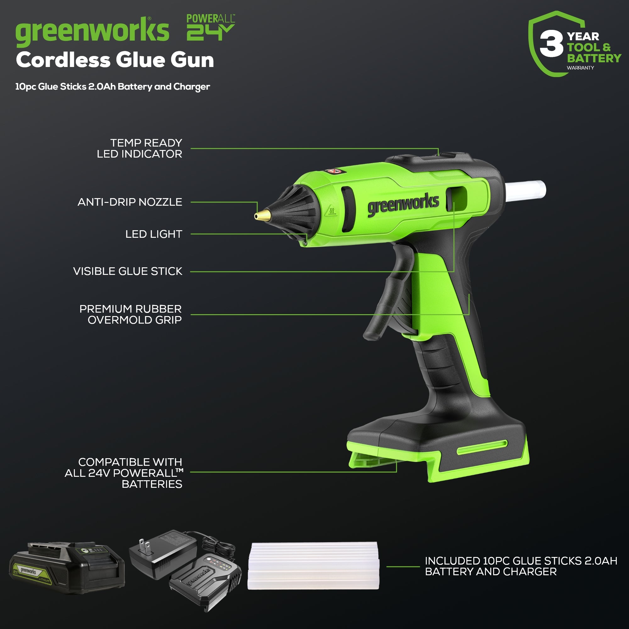 24V Cordless Battery Glue Gun with 2.0Ah Battery & Charger - Perfect for DIY Crafts, Home Repairs, and Woodworking Projects