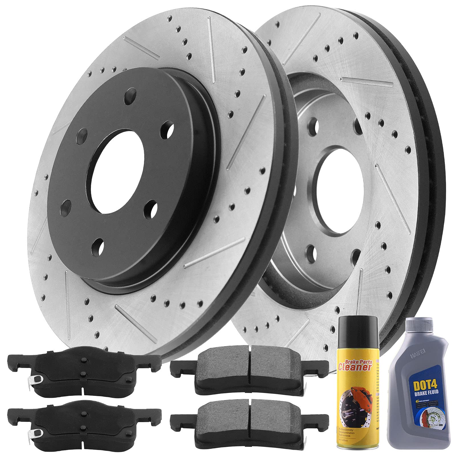 55151 Rear Brake Rotors 13.02 Inch (330.7mm) Drilled & Slotted Rotor with Ceramic Brake Pads & DOT4 Brake Fluid Kit - Compatible with Buick Enclave, Chevrolet Traverse, GMC Acadia Limited, Saturn Outlook - Perfect for High-Performance Braking & Off-Road Adventures