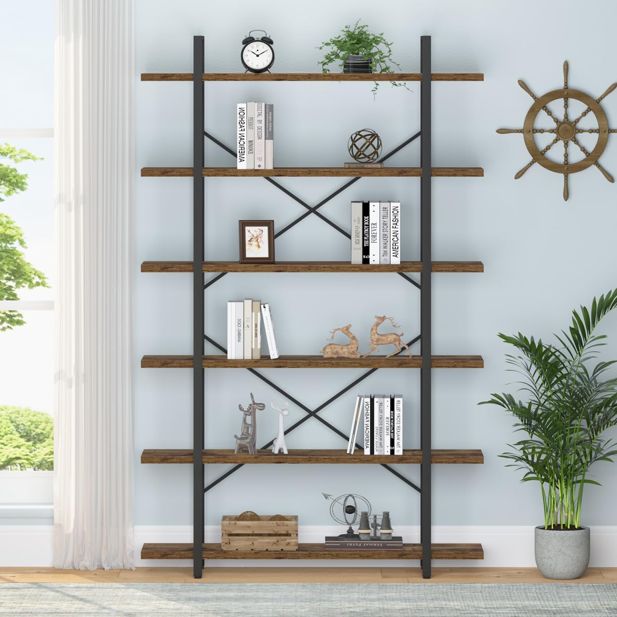 HSH 6-Shelf Tall Bookcase - Industrial Modern Large 6-Tier Bookshelf with Wood & Metal Frame - Open Display & Storage Rack for Living Room, Bedroom, Office - Farmhouse & Rustic Brown Style - Perfect for Home Decor, Book Storage & Displaying Collectibles
