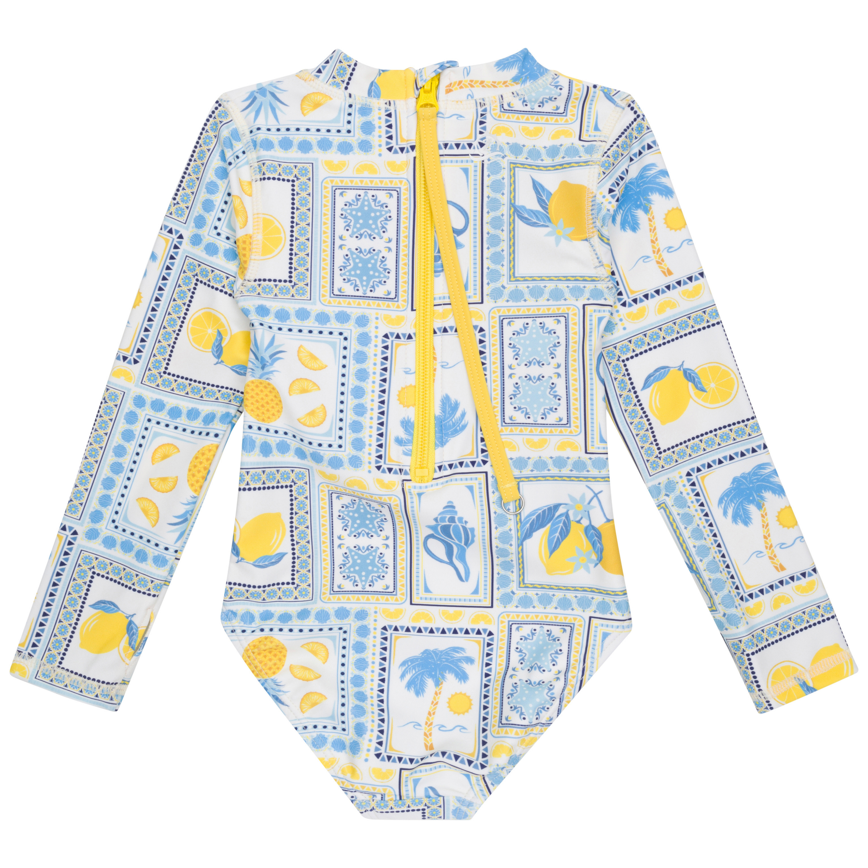 Girls Long Sleeve One Piece Swimsuits - UPF 50+ Sun Protection Rash Guard Surf Suit with Mediterranean Lemons Print | Perfect for Beach, Pool & Water Sports