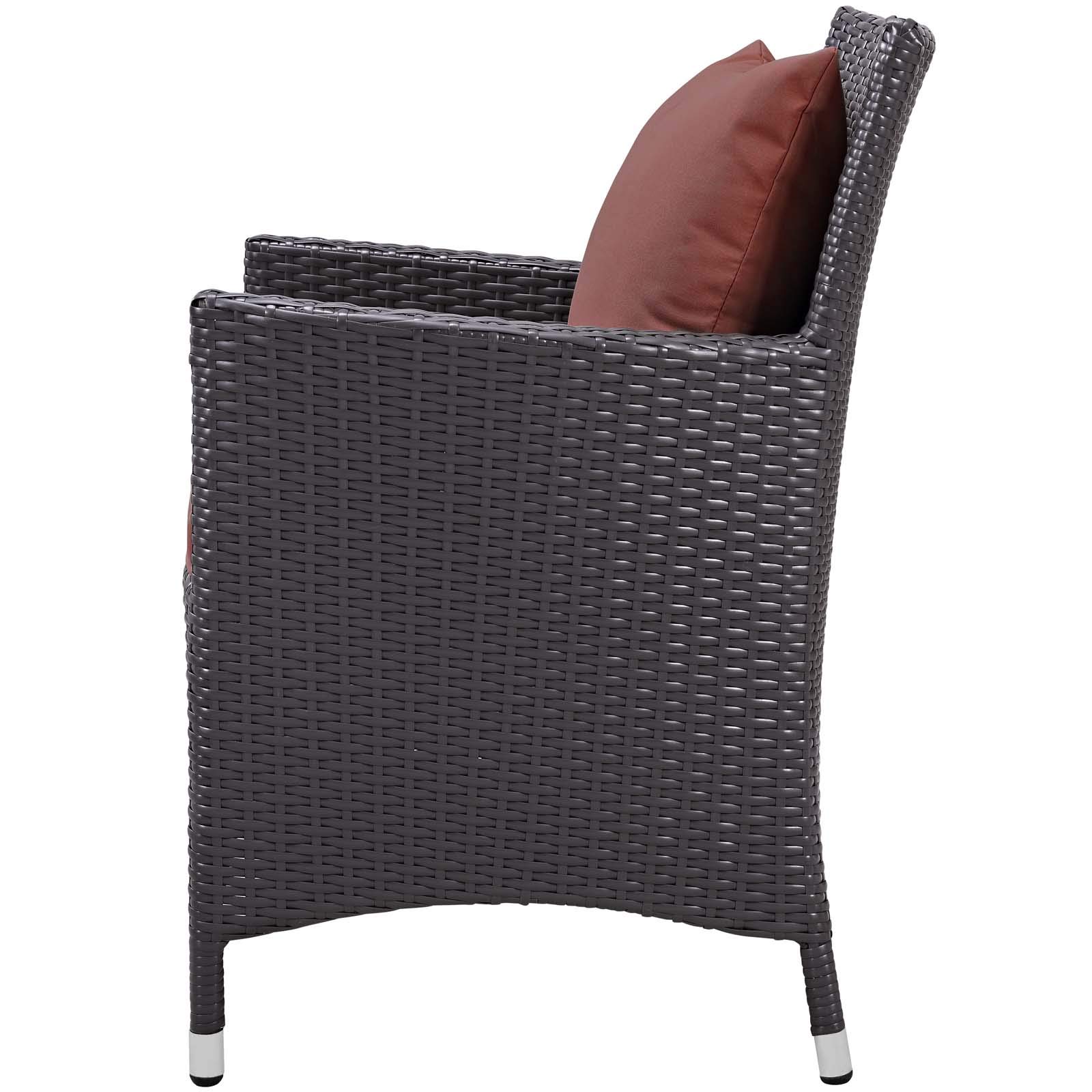 Modern Contemporary Outdoor Patio Dining Chair - Rattan Wicker Armchair with Cushion, Red - Perfect for Balcony, Garden, Side Table, and Backyard Relaxation