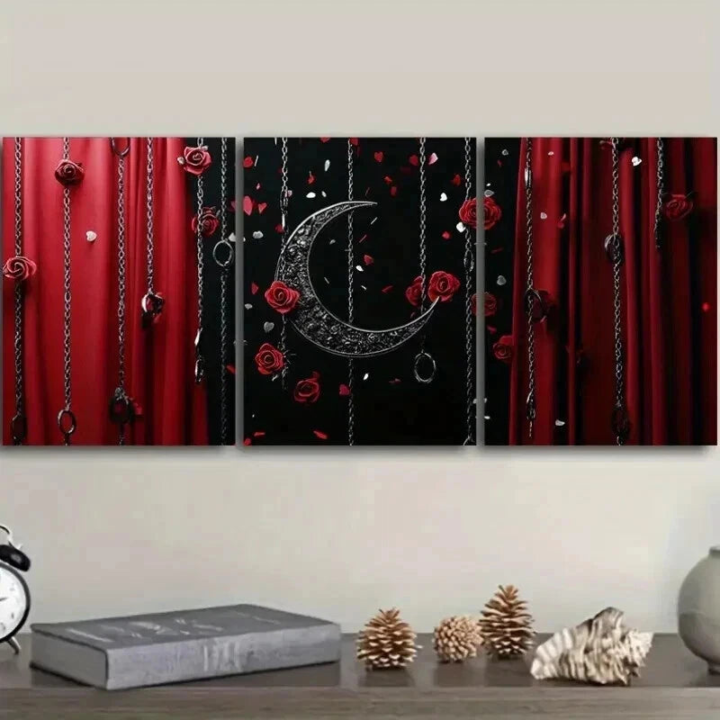 3-Piece Black Moon and Red Roses Wall Art Set - Framed Canvas 50x70cm (20x28in) - High Quality Print - 100% Australian Made - Ready to Hang - Perfect for Living Room, Bedroom & Office Decor