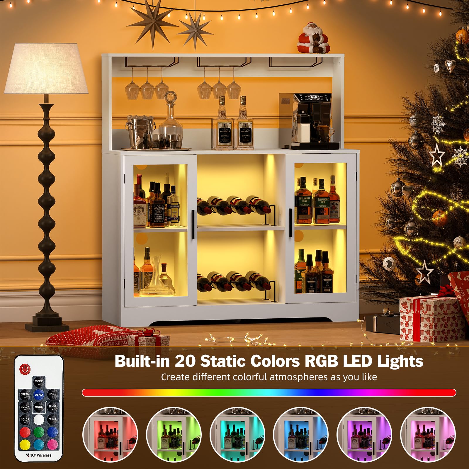 White Wine Bar Cabinet with LED Lights & Power Outlet - Home Liquor Storage Cabinet with Glasses Holder for Living Room, Dining Room & Home Bar - Perfect for Entertaining & Stylish Home Decor