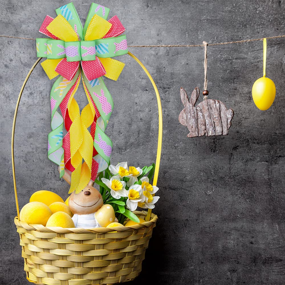 Large Easter Wreath Bows for Front Door - Pink Yellow Green Burlap Bows with Easter Bunny Rabbits Design | Spring Holiday Decor for Wreaths, Wall, Tree Topper | Perfect for Easter Home Decorations & Spring Party