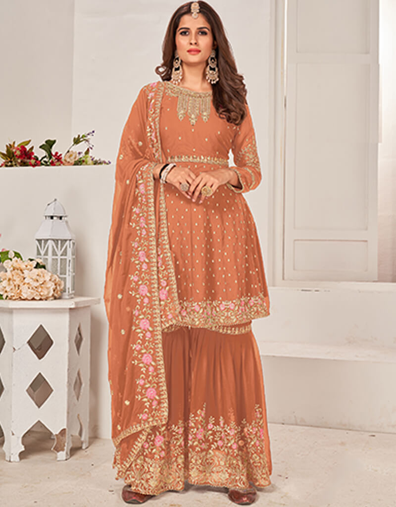 Elegant Beige Sharara Style Salwar Suit - Faux Georgette Fabric for Women | Perfect for Weddings, Parties & Festive Occasions