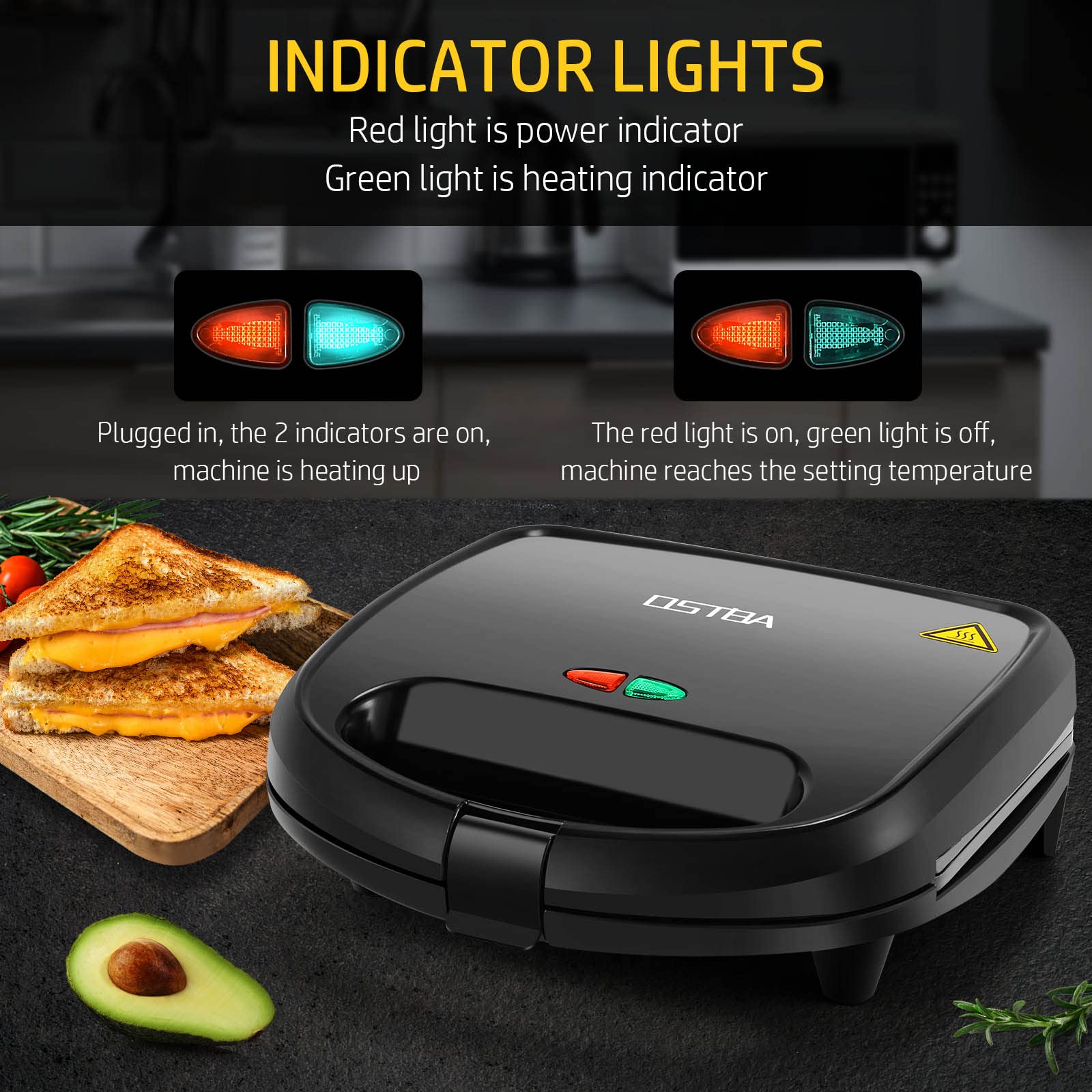 OSTBA 3-in-1 Sandwich Maker, Panini Press & Toaster - Non-Stick Plates, LED Indicator, Cool-Touch Handle - Perfect for Breakfast, Lunch & Quick Snacks (Black)