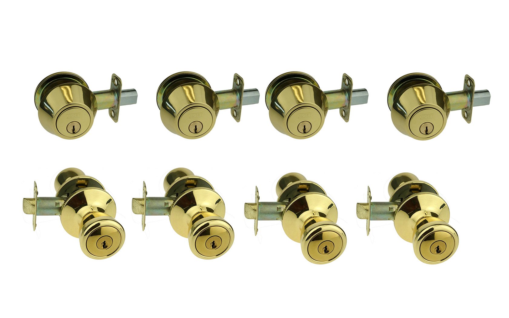 NU-Set Lock | Double Cylinder Deadbolt Keyed Alike Lock & Door Knob Combo Set (4 Pack) | US3 Brass Finishing | Home Security & Door Hardware for Residential & Commercial Use