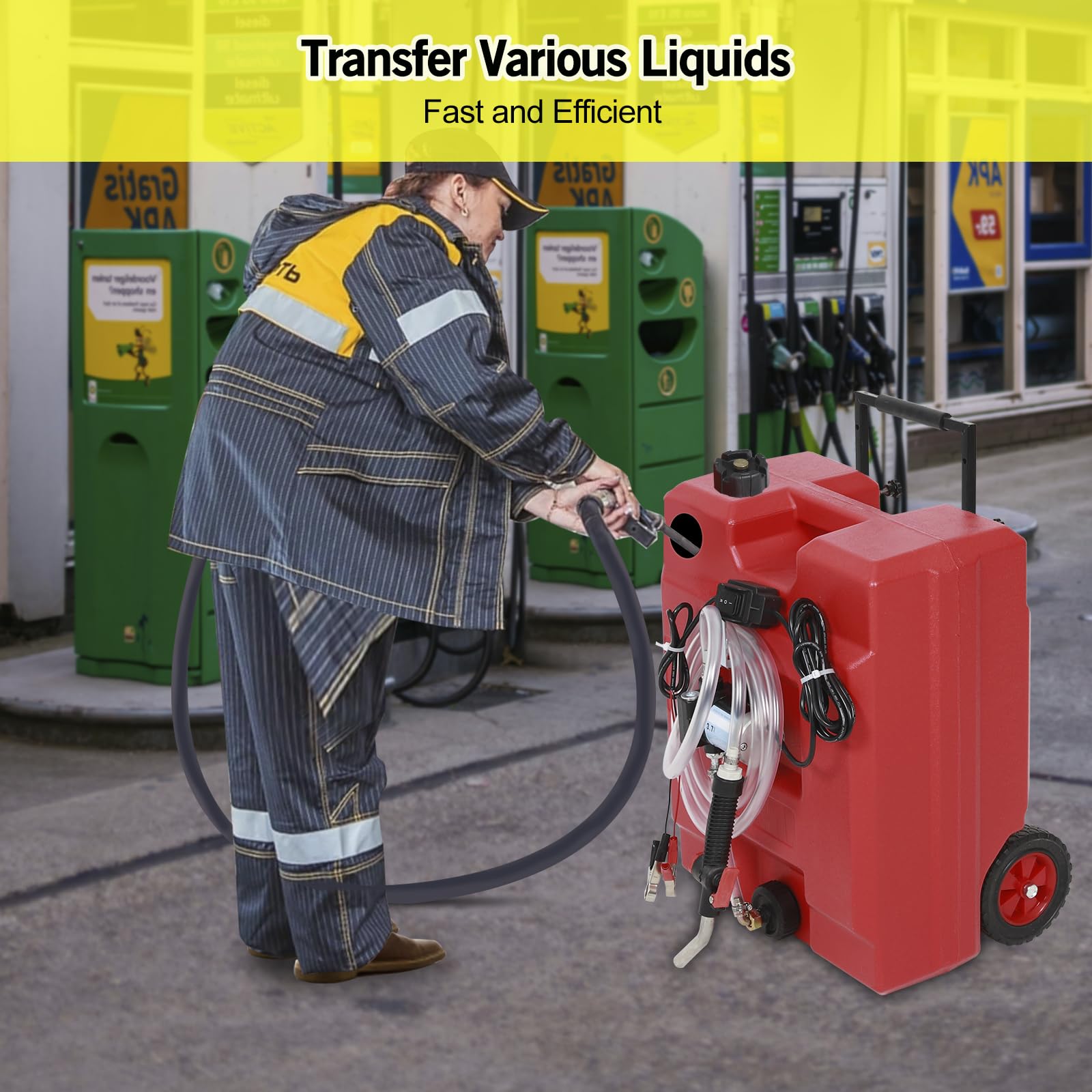 13 Gallon Portable Fuel Caddy Tank with 12V DC Electric Pump - Gasoline, Diesel & Kerosene Transfer - Switch Control, Telescopic Handle & Wheels - Ideal for Construction Sites, Farms, Emergency Fuel Storage & Vehicle Refueling