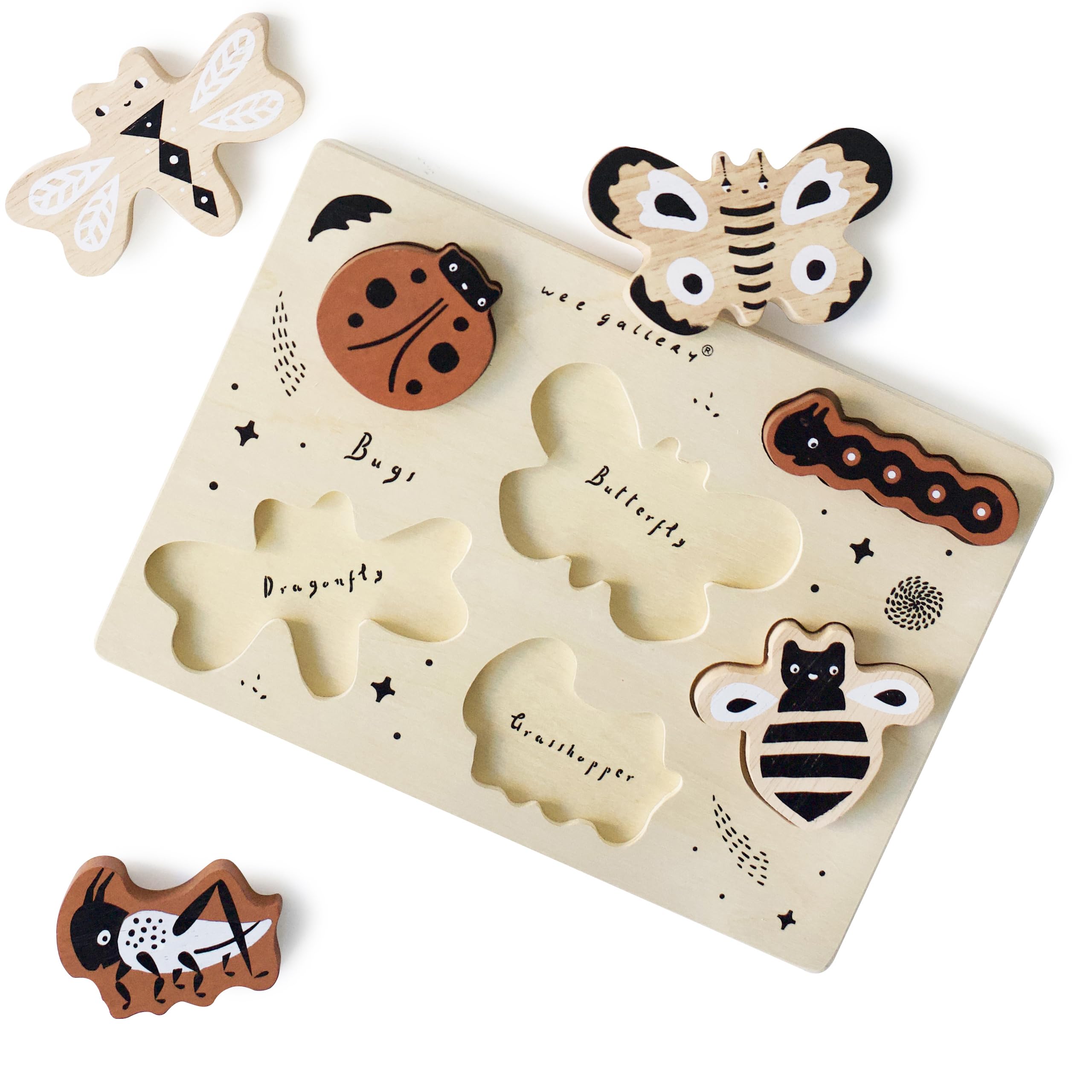Wee Gallery Wooden Animal Tray Puzzle - Montessori Educational Toys for Toddlers Age 2-4 | Bugs Theme Learning Activity for Fine Motor Skills Development & Preschool Brain Games | Perfect for Classroom, Homeschooling & Early Childhood Education