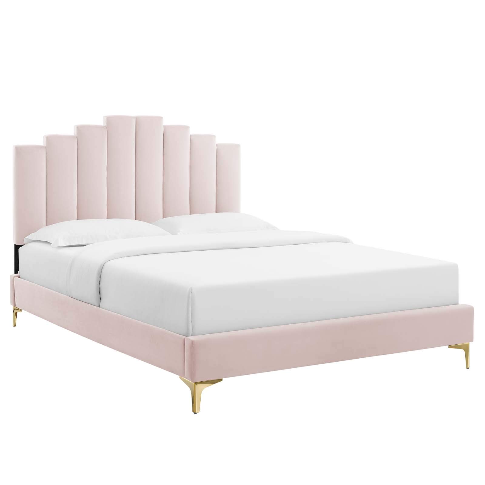 Modway Elise Channel Tufted Performance Velvet King Platform Bed - Pink Velvet Upholstery with Gold Metal Legs - Luxury Bedroom Furniture for Master Suite & Guest Room
