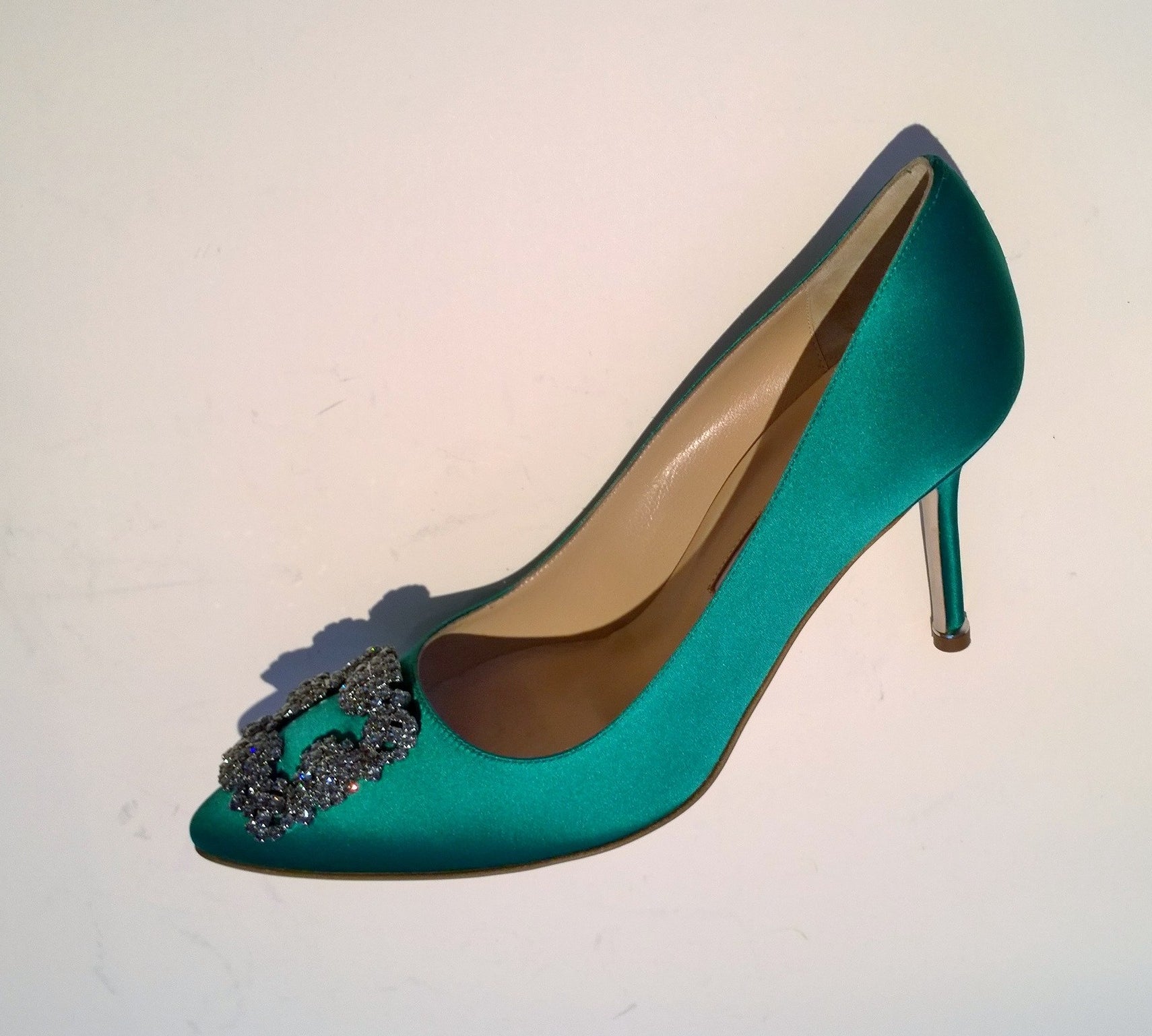 Manolo Blahnik Hangisi 90 Rhinestone Buckle Heels - Bright Green Satin Strass Pumps for Women | Luxury Wedding & Evening Party Shoes