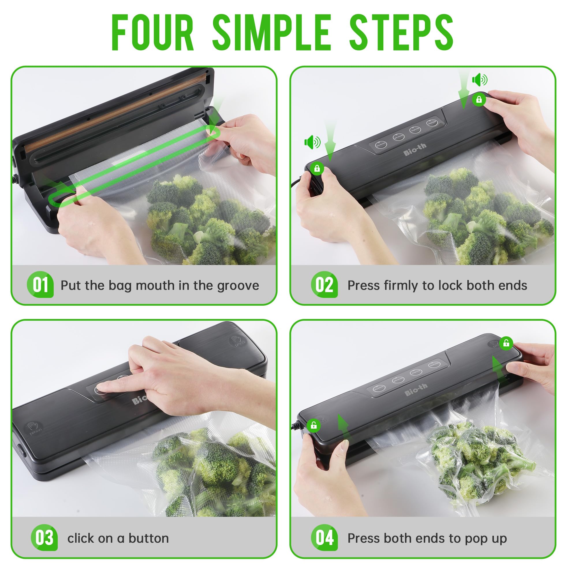 Bio-th Vacuum Sealer Machine for Food Preservation | Compact & Powerful Food Saver with Dry/Wet Modes | Includes 15 Large 20x30cm Sealing Bags | One-Touch Operation & Overheat Protection | Perfect for Meal Prep, Sous Vide, and Long-Term Food Storage