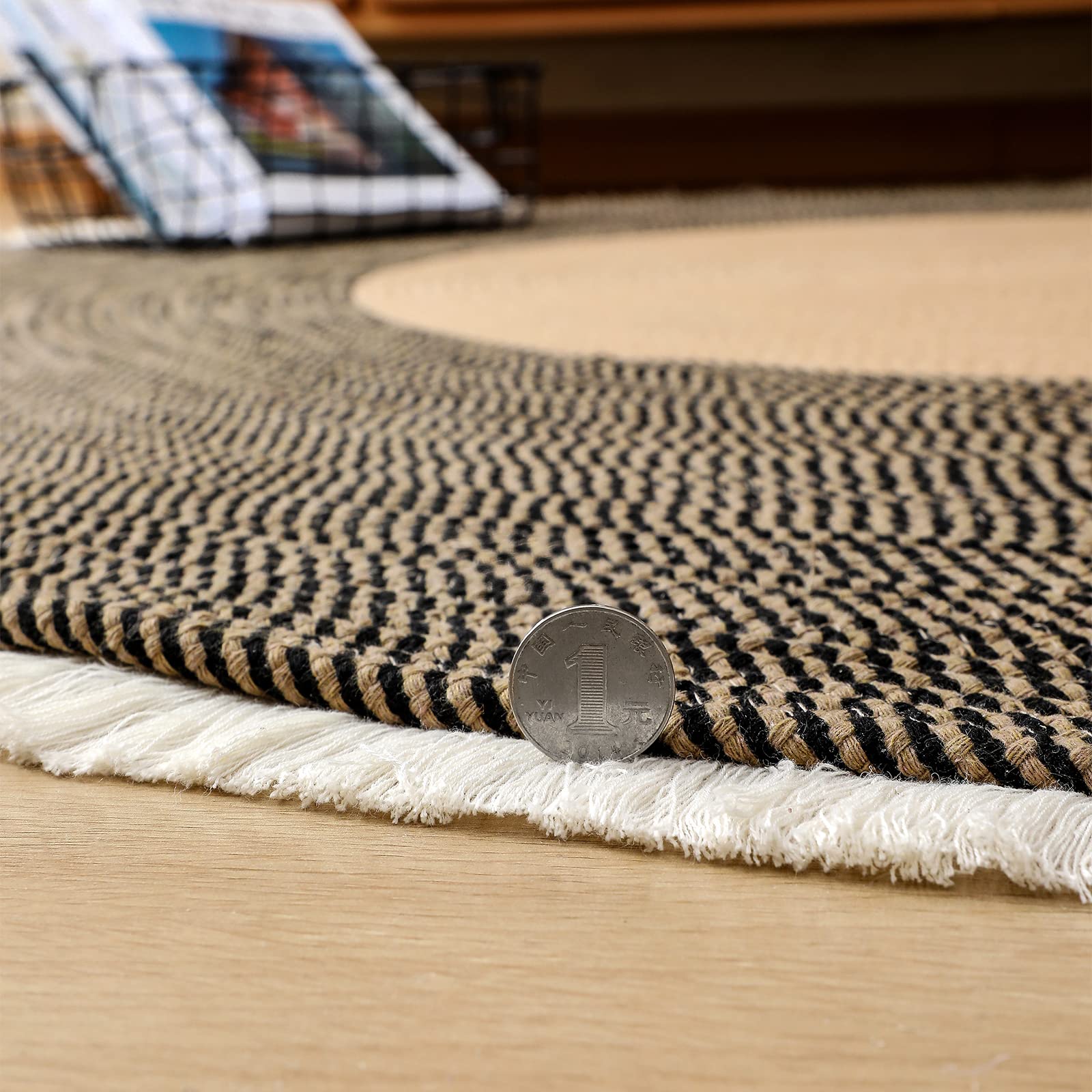 Handwoven 5ft Round Cotton Rope Rug with Tassel Trim – Washable Boho Braided Circle Rug for Living Room, Bedroom, Nursery – Beige & Black, Soft & Durable – Perfect for Bohemian Home Decor, Cozy Floor Mat for Yoga & Meditation Spaces