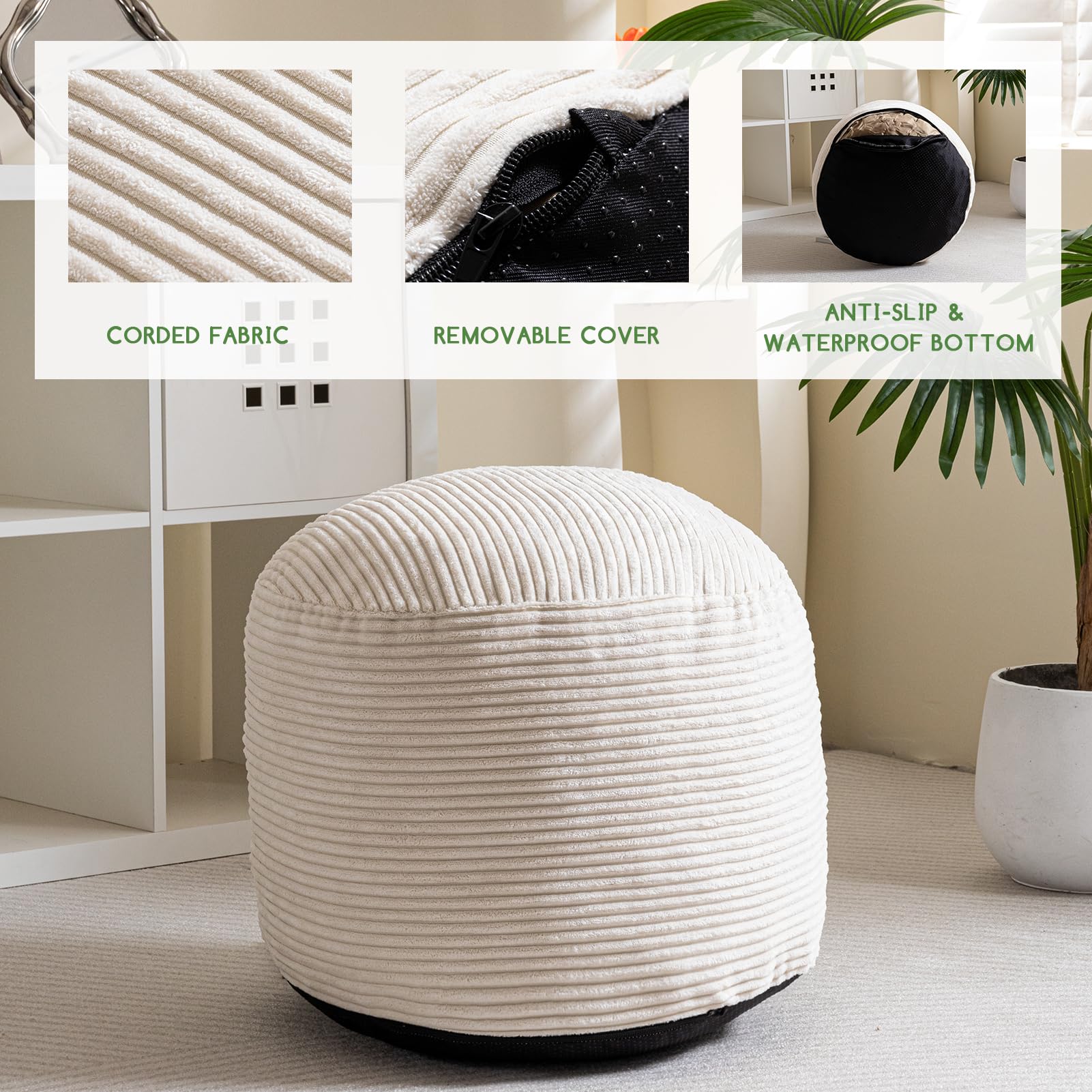 MAXYOYO Round Stuffed Pouf Ottoman - Corduroy Foam Filled Footrest, 20 x 15 Inches, Beige - Perfect for Living Room, Bedroom & Nursery Decor