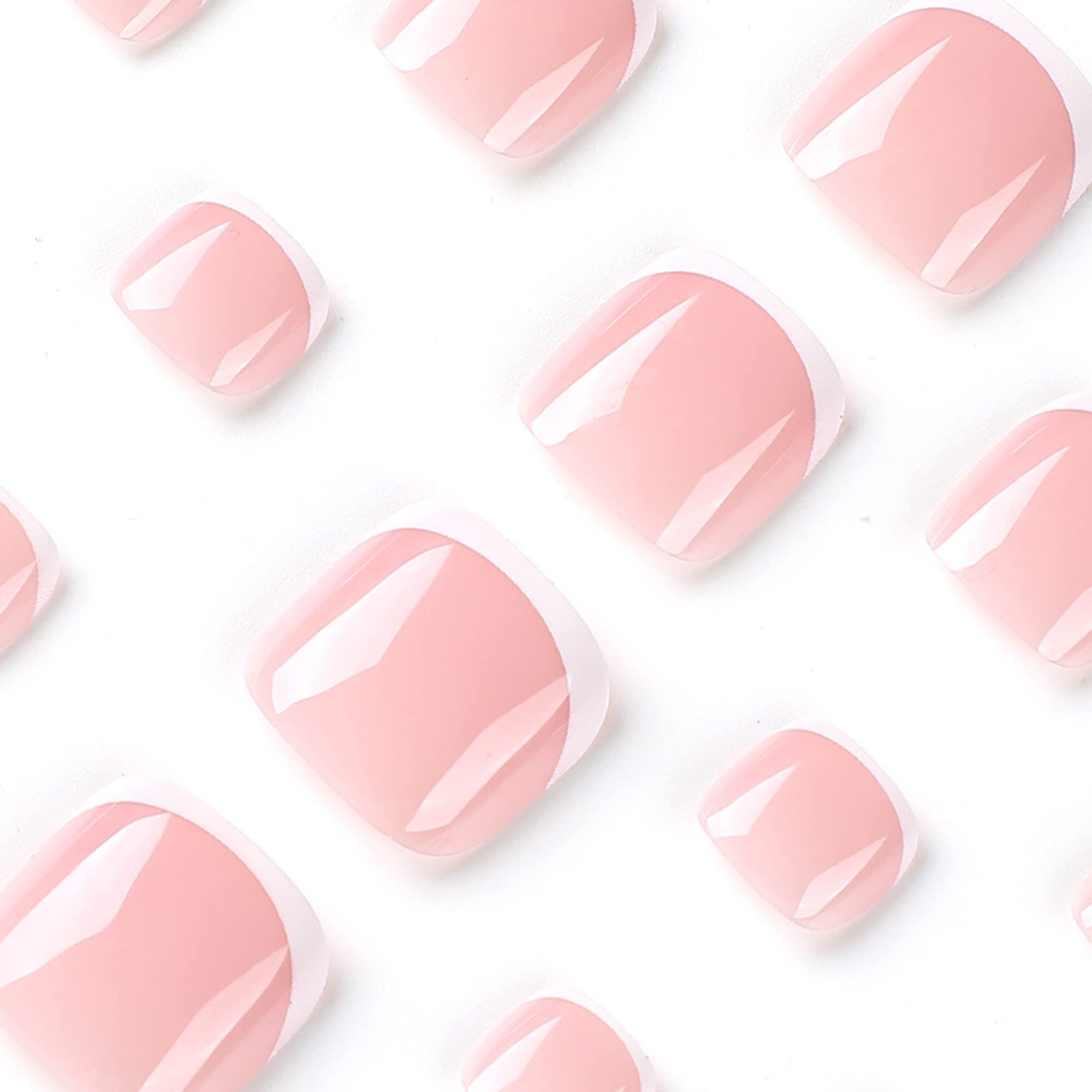 RODAKY 24PCS Short Square Press on Toenails - Pink French Tip Acrylic False Nails with Glue, Full Cover Artificial Toe Nails for Women & Girls - Perfect for Summer Beach, Pedicures & Nail Art