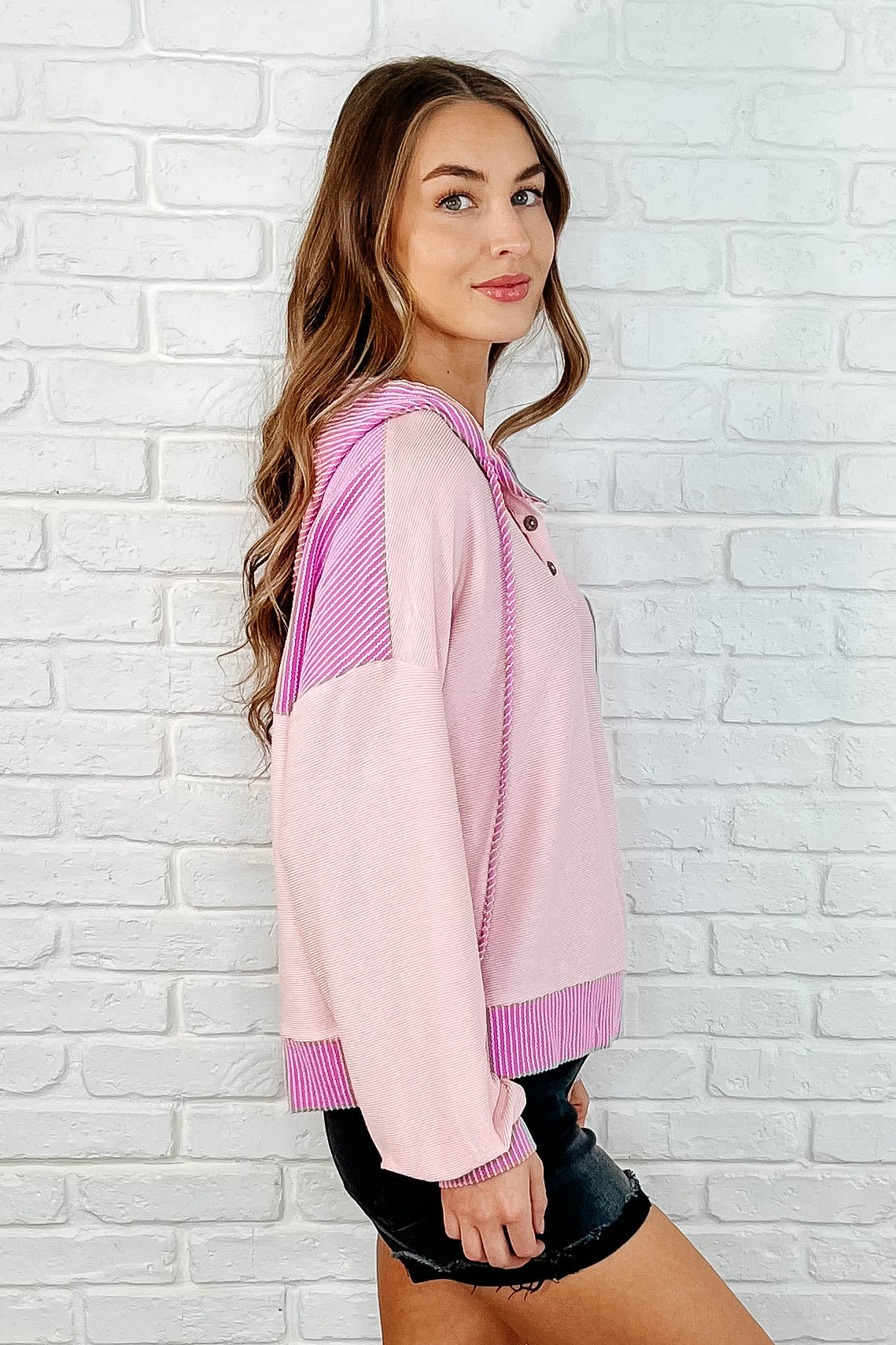 Here for Now Color Block Hoodie - Women's Pink Pullover Sweatshirt | Casual Streetwear Fashion | Perfect for Everyday Wear, Gym & Outdoor Activities