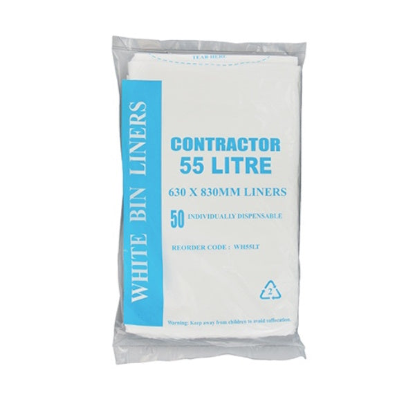 55Lt White Contractor Trash Bags - Heavy Duty Garbage Bags for Construction Sites, Offices & Home Use