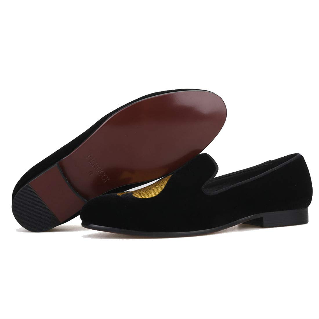 FERUCCI Men's Black Velvet Loafers with Gold Embroidered Spade & Club - Comfortable House Slippers for Indoor/Outdoor Wear, Perfect Gift for Dad & Husband