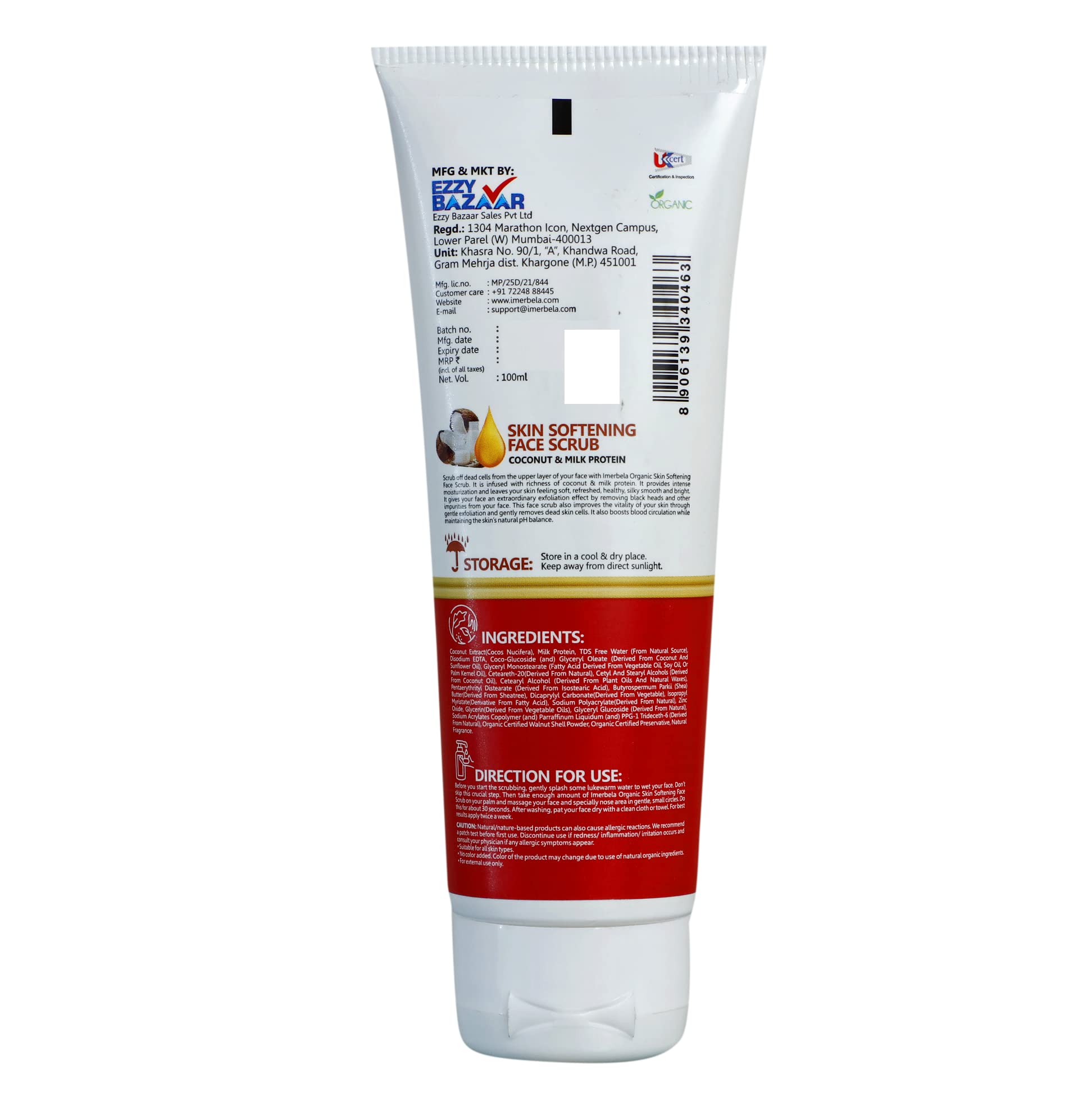 Imerbela Organic Coconut & Milk Protein Face Scrub - 100ml | Gentle Exfoliator for Soft, Smooth Skin | Perfect for Daily Skincare Routine & Spa Days