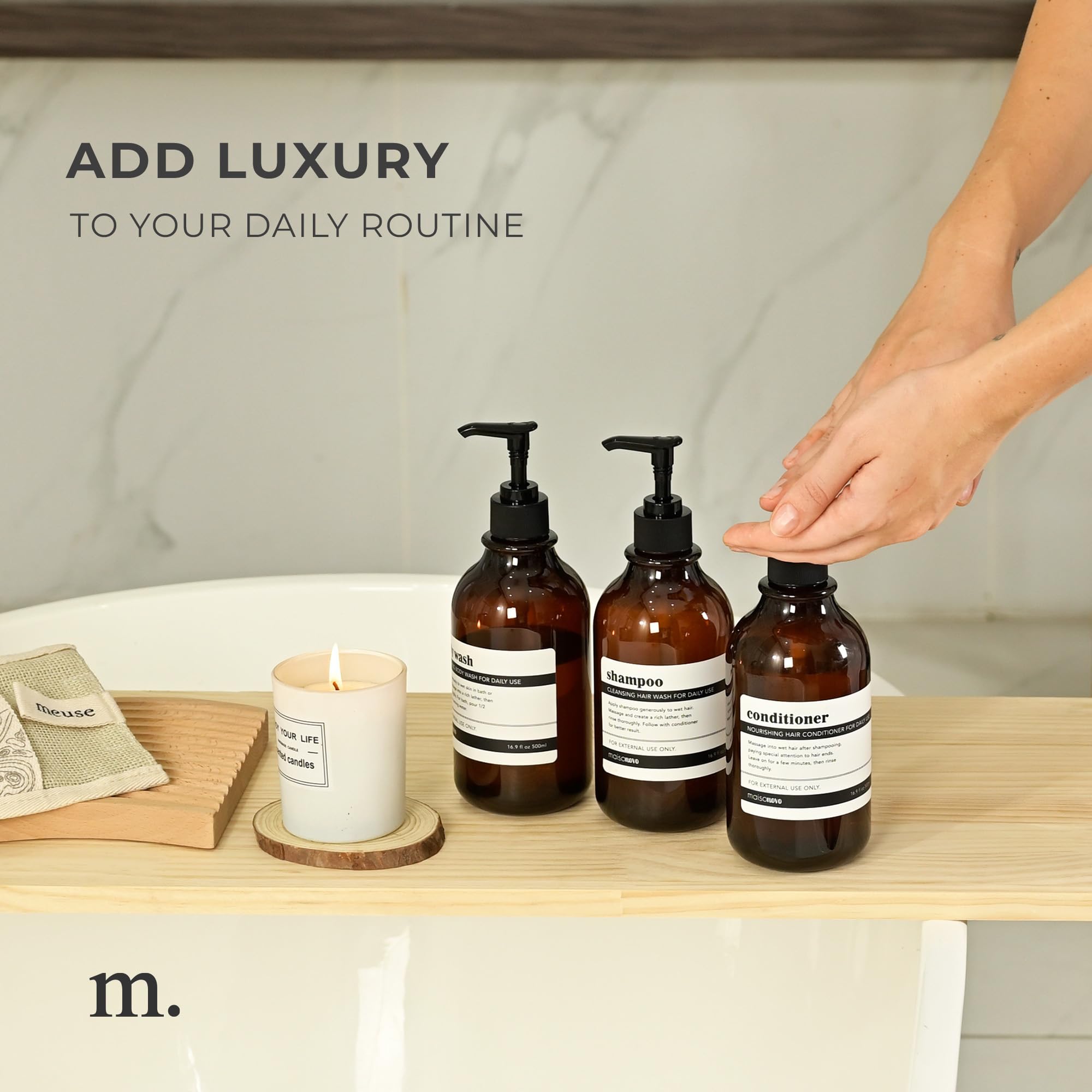 Refillable Shampoo and Conditioner Bottles Set of 3 - 16.9oz Amber Plastic Bottles with Black Pumps for Salon, Travel & Home Use - Eco-Friendly Hair Care Containers