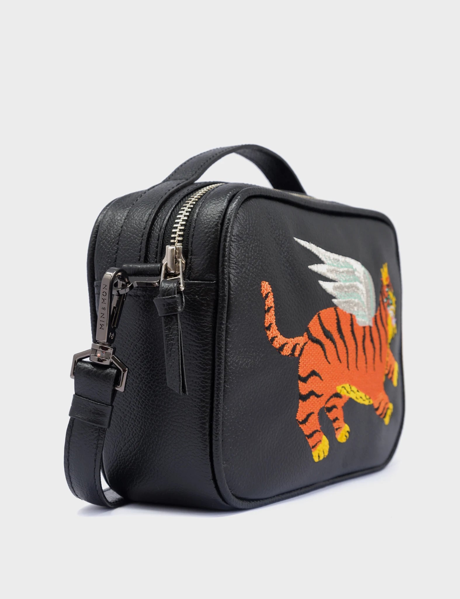 Verto Crossbody Bag for Women - Black Genuine Leather with Flying Tiger Embroidery - Fashionable Shoulder Purse for Daily Use, Travel & Shopping