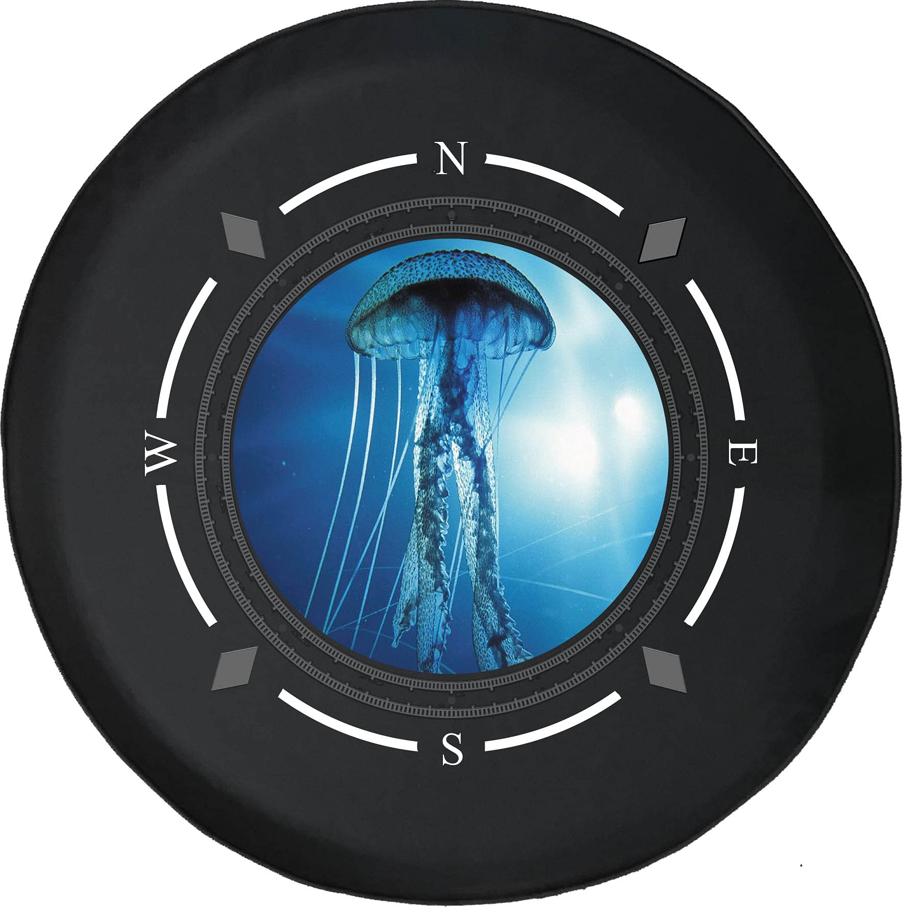 American Unlimited Spare Tire Cover with Compass & Jellyfish Design - Waterproof SUV, Trailer, RV Wheel Cover for Outdoor Adventures & Road Trips