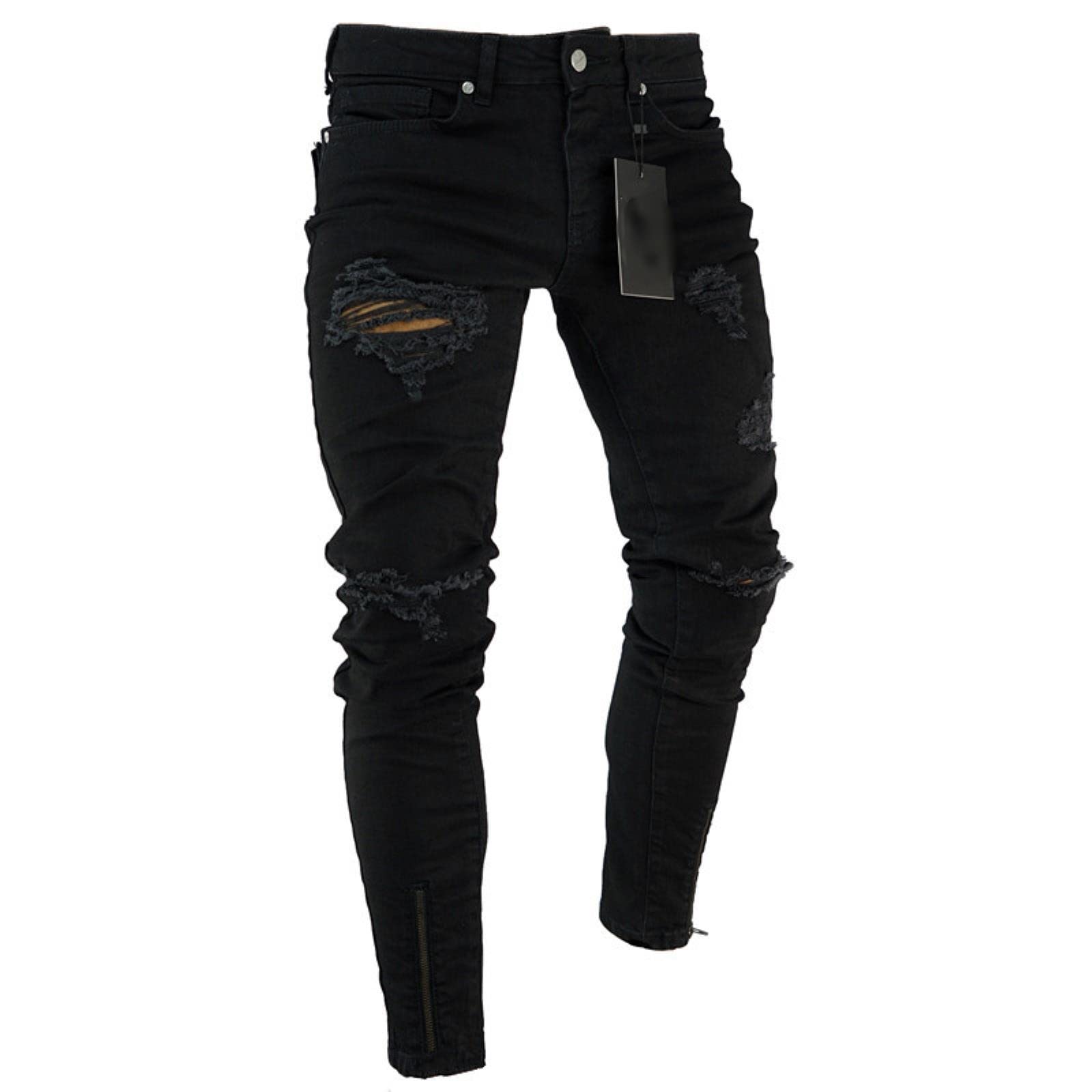 TooFoYo Men's Black Stretch Skinny Fit Biker Jeans with Knee Rips & Distressed Holes - Hip Hop Streetwear Pants with Bottom Zipper (Big Sizes Available) - Perfect for Casual Wear, Night Out & Urban Fashion
