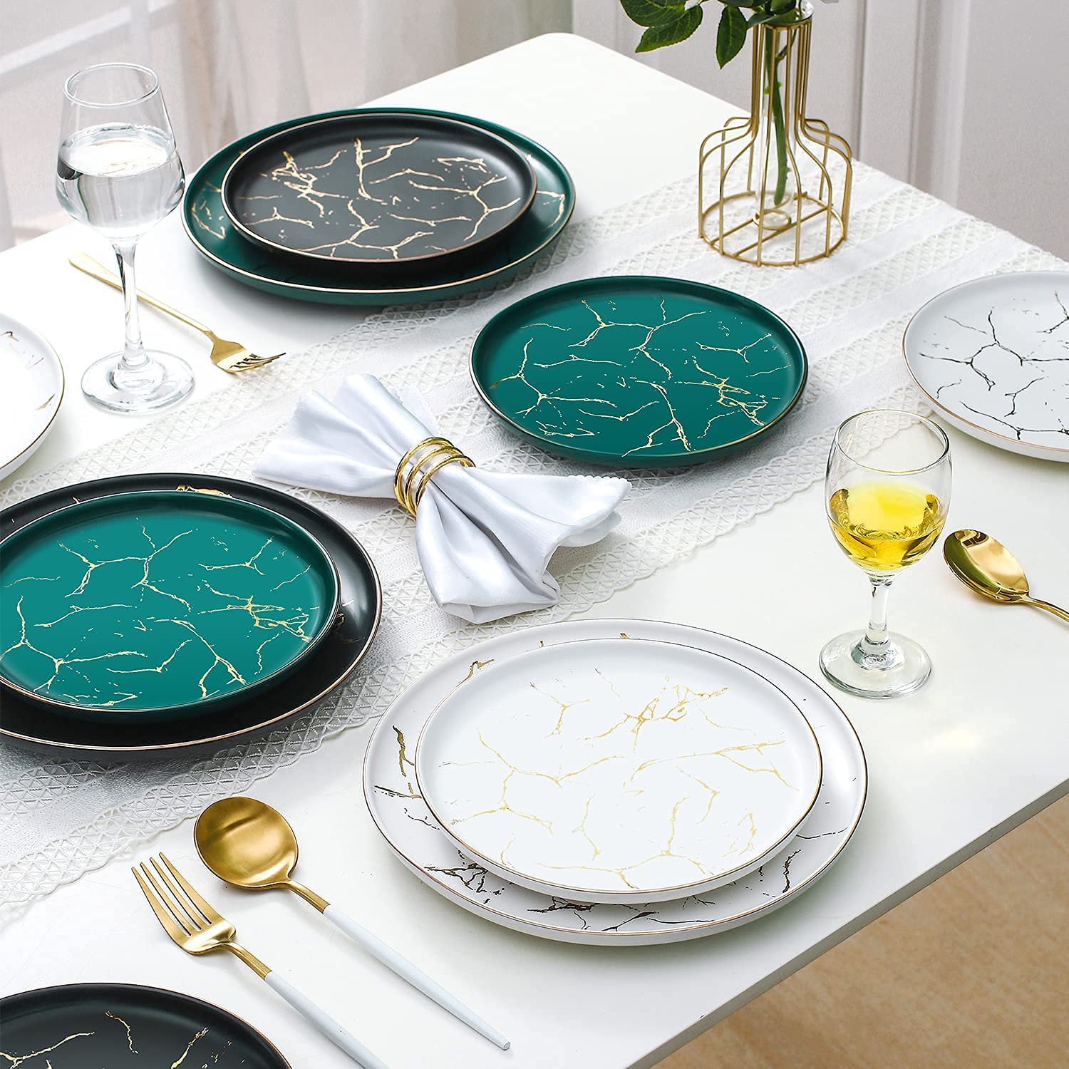 Nordic Style 8-Inch Ceramic Dinner Plates Set of 4 - Marble Gold Inlay, Microwave, Oven & Dishwasher Safe - Perfect for Family Dinners, Parties & Restaurant Use