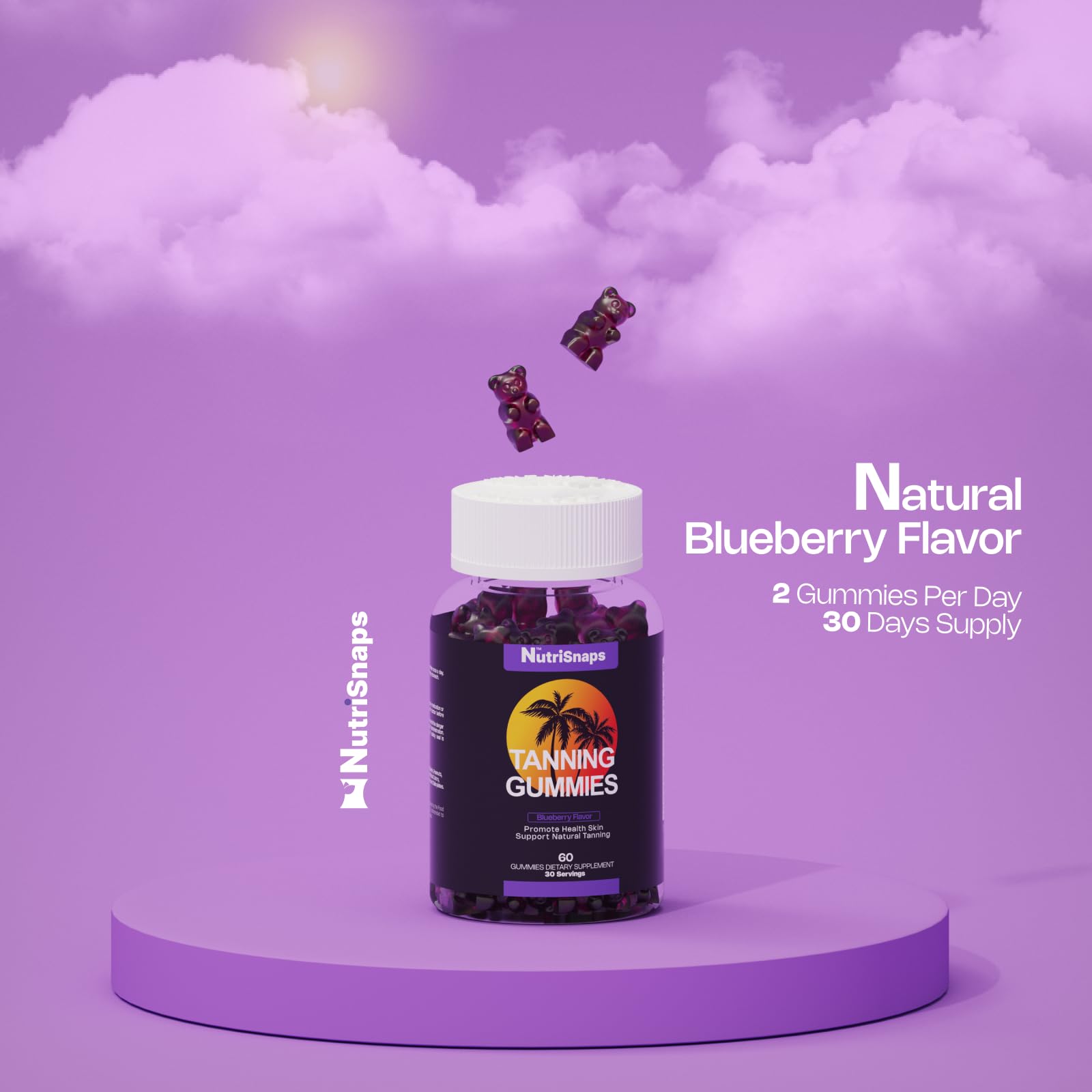 Natural Tanning Gummies for Women & Men - Vegan, Non-GMO Blueberry Flavor Tanning Supplement with Skin Health Benefits - 60 Count for Daily Use - Perfect for Beach, Vacation & Summer Glow