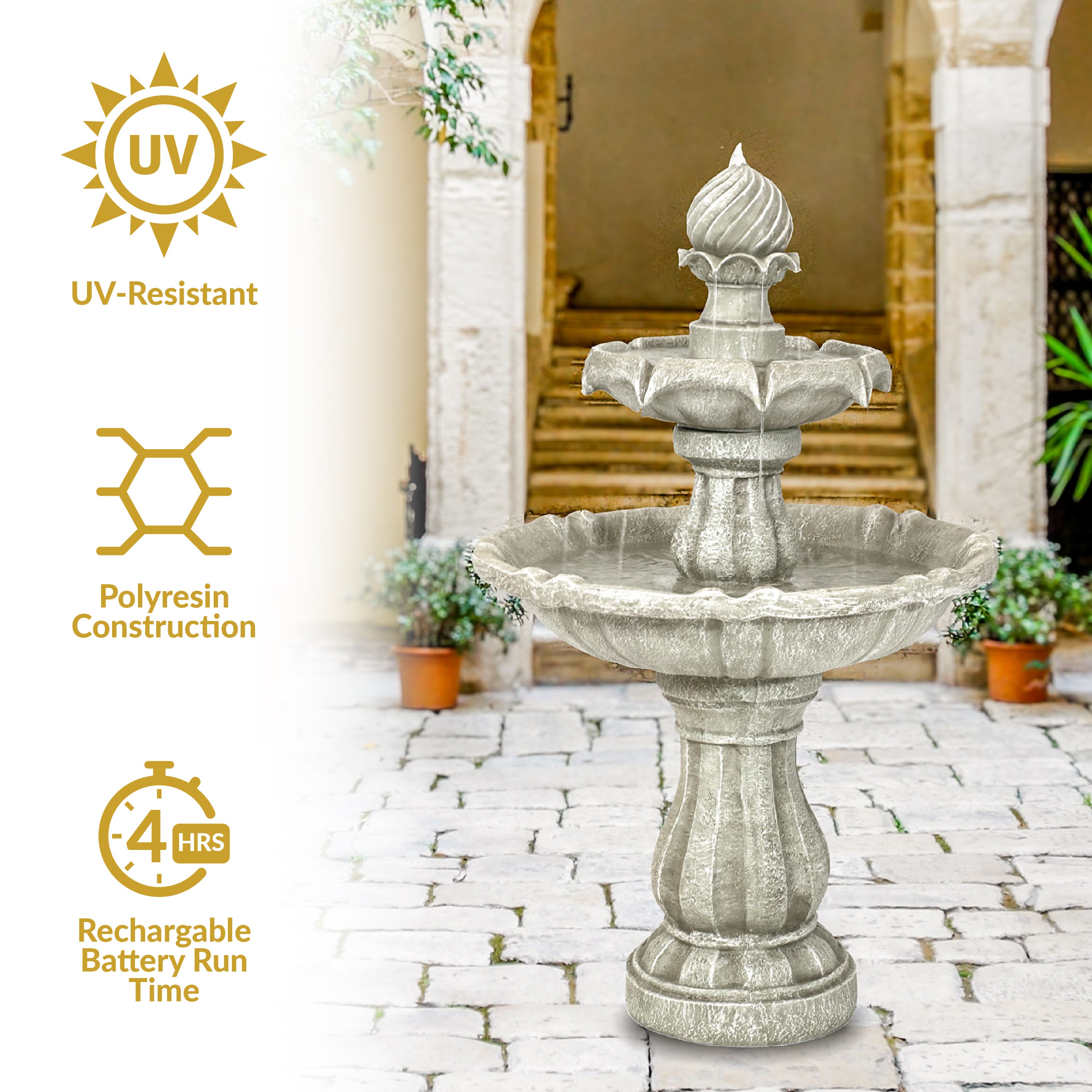 Sunnydaze 2-Tier Solar Powered Outdoor Water Fountain with Battery Backup - Perfect for Garden, Patio, and Backyard Decor