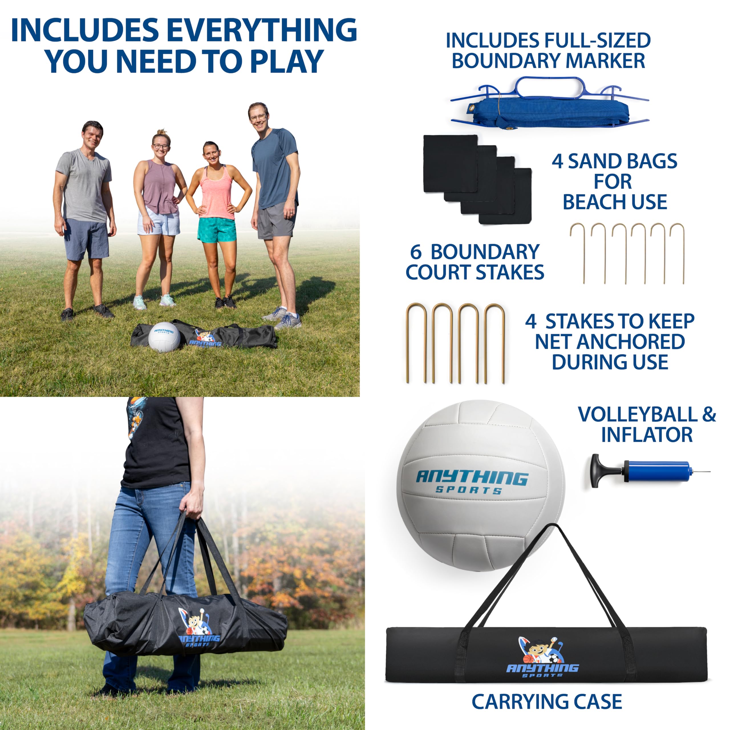 Premium Outdoor Volleyball Net Set - 12FT/20FT/32FT Adjustable Height with Volleyball, Pump, Boundary Markers & Carry Bag - Perfect for Backyard, Beach, Park & Camping Games
