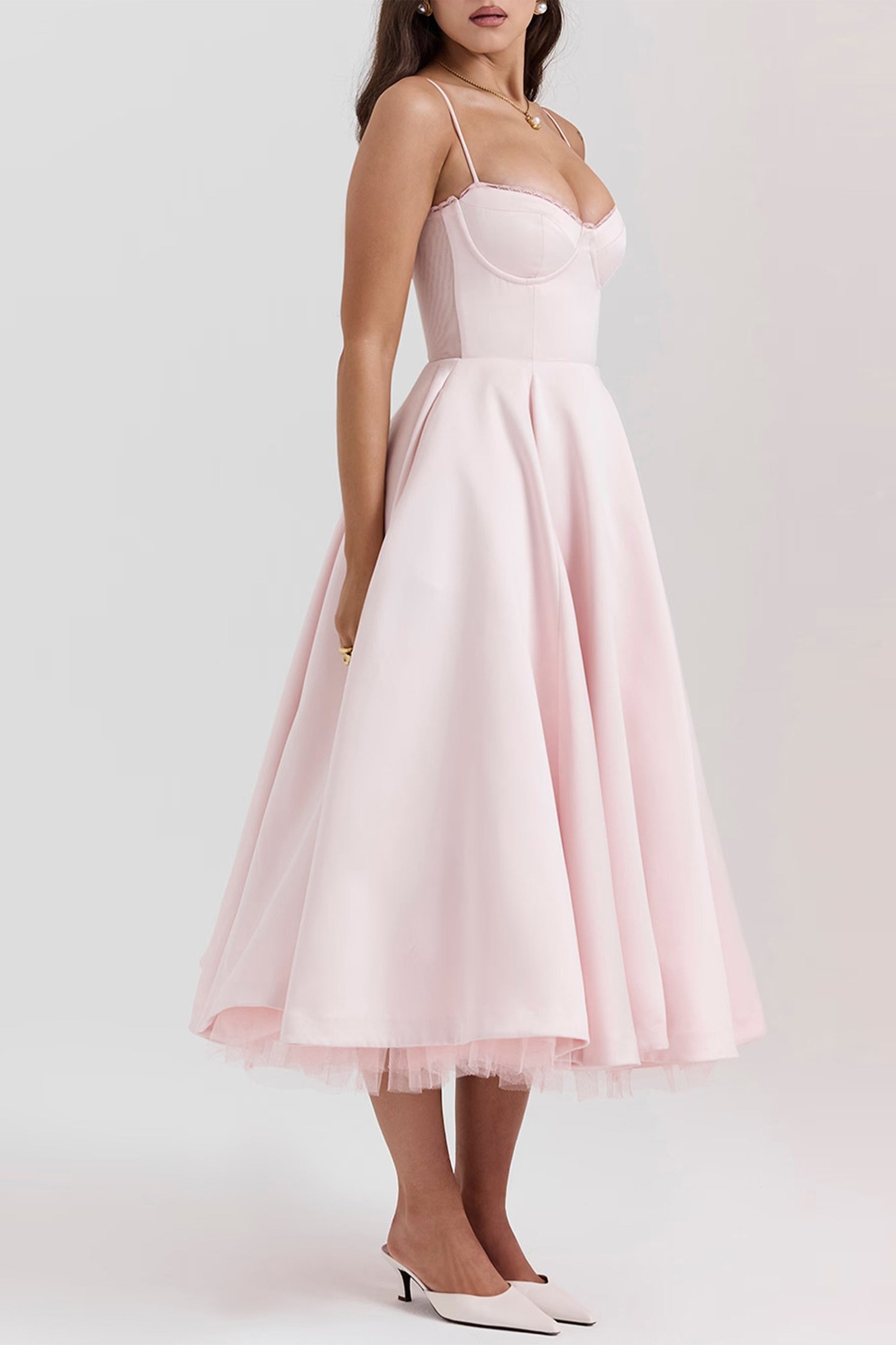 Analissa Pink Mesh Midi Dress - Elegant Flowy Party Dress for Women, Perfect for Weddings, Cocktails & Evening Events