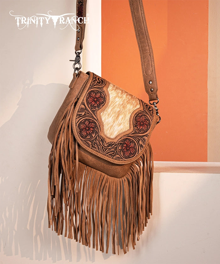 Genuine Hair-On Cowhide Crossbody Bag with Tooled Fringe - Trinity Ranch Western Style Purse for Women | Perfect for Rodeo, Country Concerts & Boho Fashion