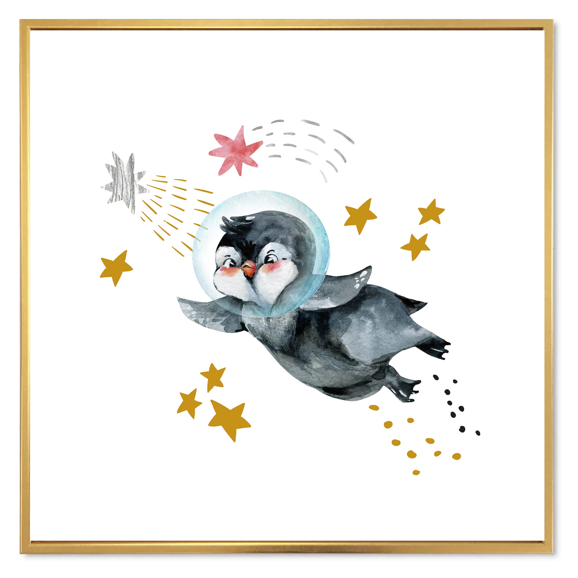Little Penguin Flying Stars and Planets I - Farmhouse Framed Canvas Wall Art Print - Nursery Decor, Kids Room Decor, Living Room Wall Art
