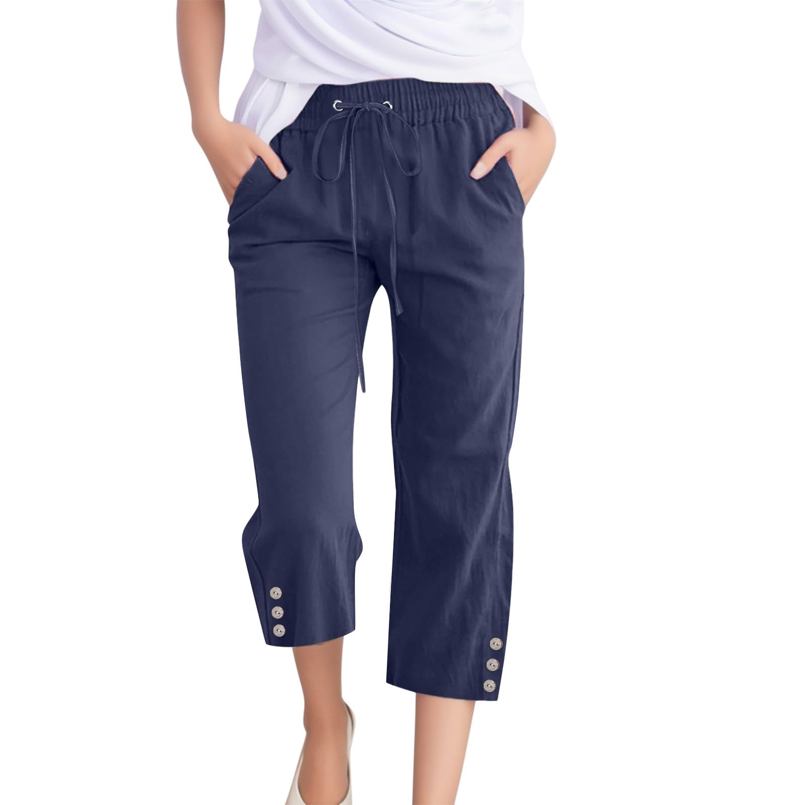 JiXiang Women's Linen Pants - Soft Summer Wide Leg Capri Trousers with Drawstring & Pockets | Comfy Petite Length Loose Fit for Casual Wear, Beach, Travel & Home