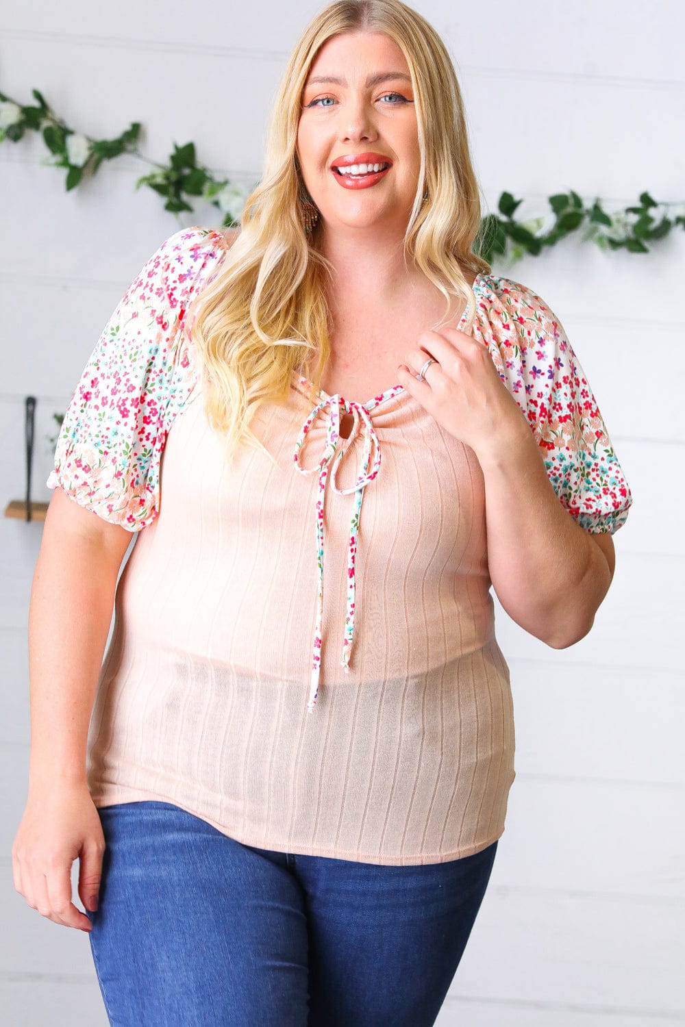 Peach & Floral Tie Neck Bubble Sleeve Blouse - Elegant Women's Fashion Top for Spring Summer Outfits, Date Night & Office Wear